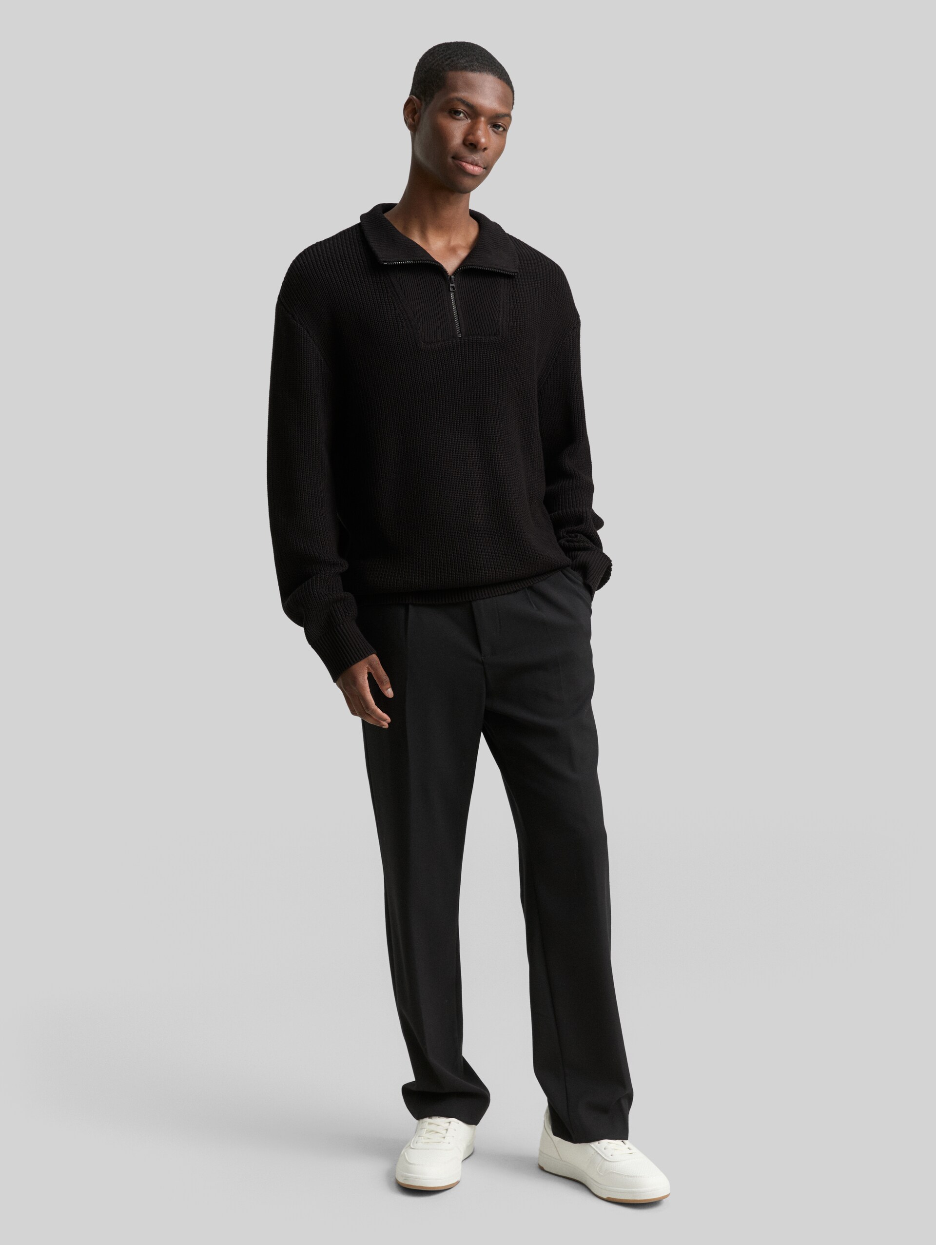 Relaxed fit Troyer knitted jumper - Black - Model front view