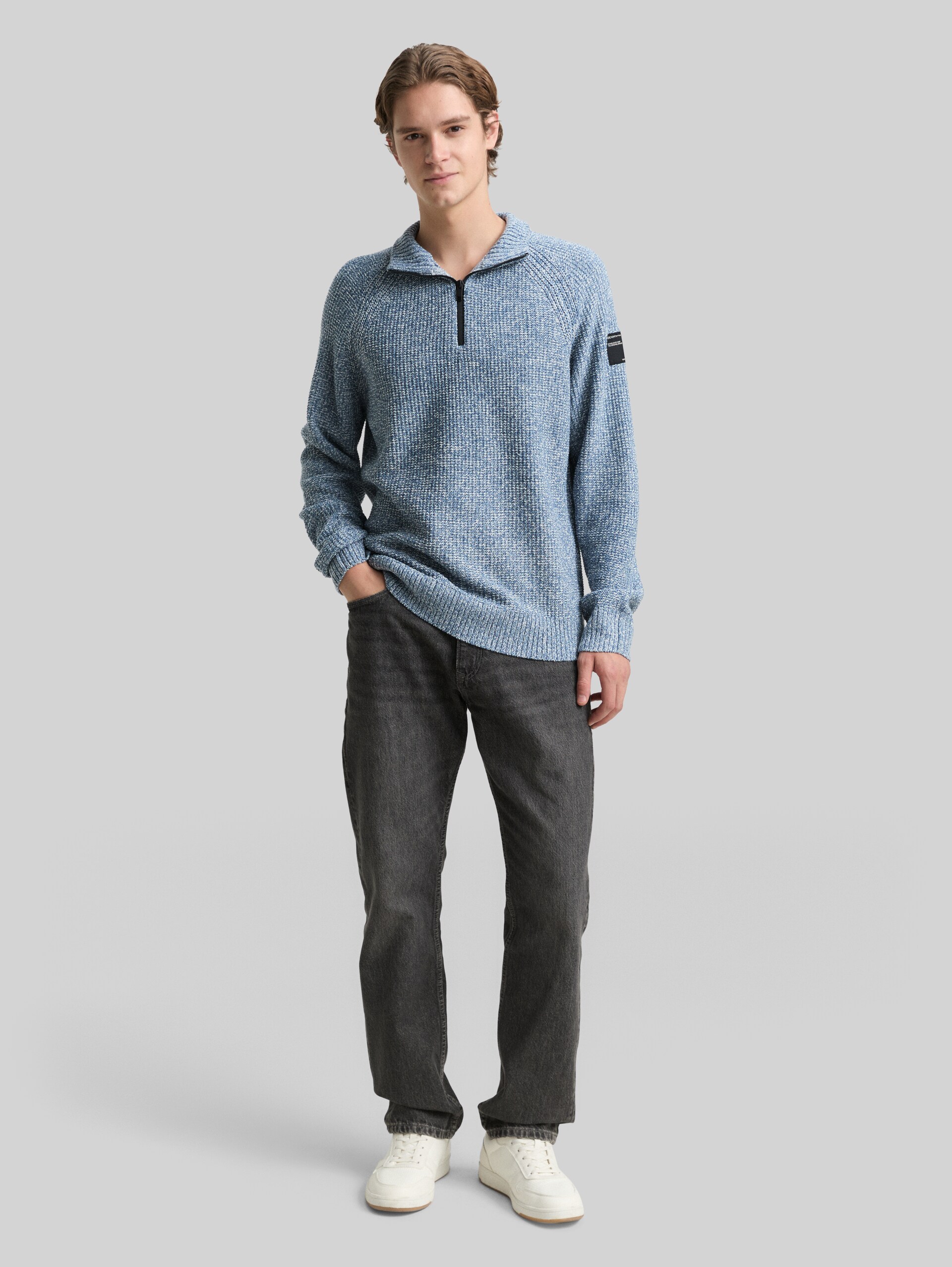 Troyer knitted jumper - denim blue white mouline - Model front view