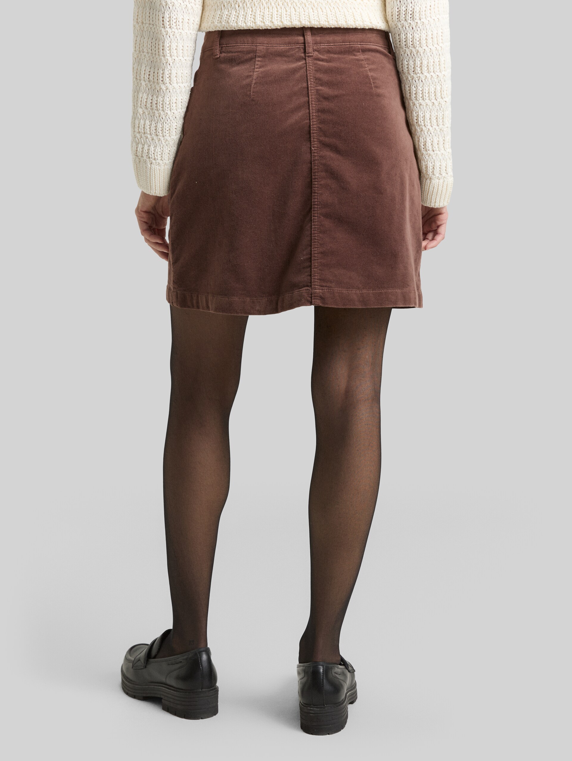 Velvet mini skirt with button placket - soft chocolate brown - Neckline model-back view
