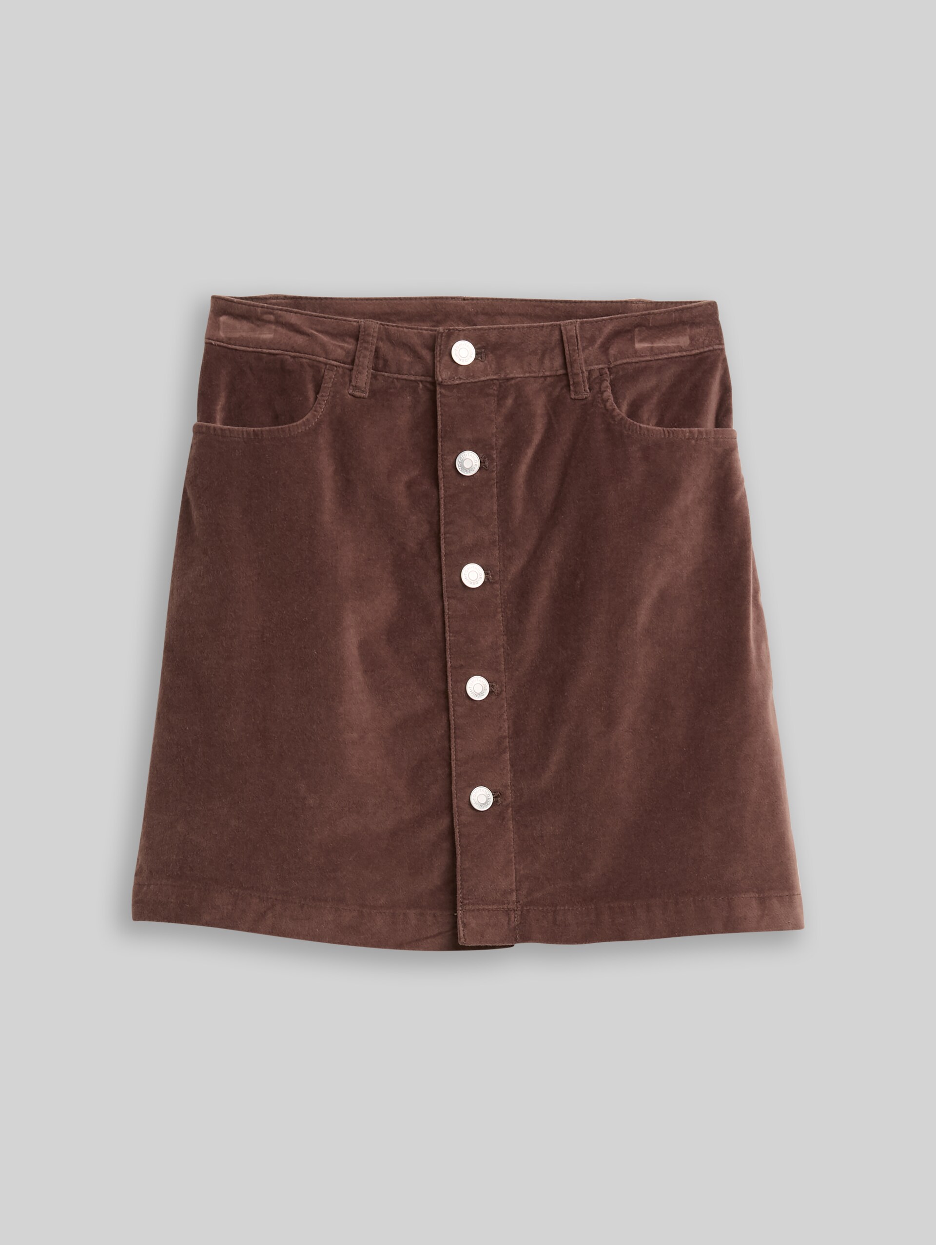 Velvet mini skirt with button placket - soft chocolate brown - Front product view