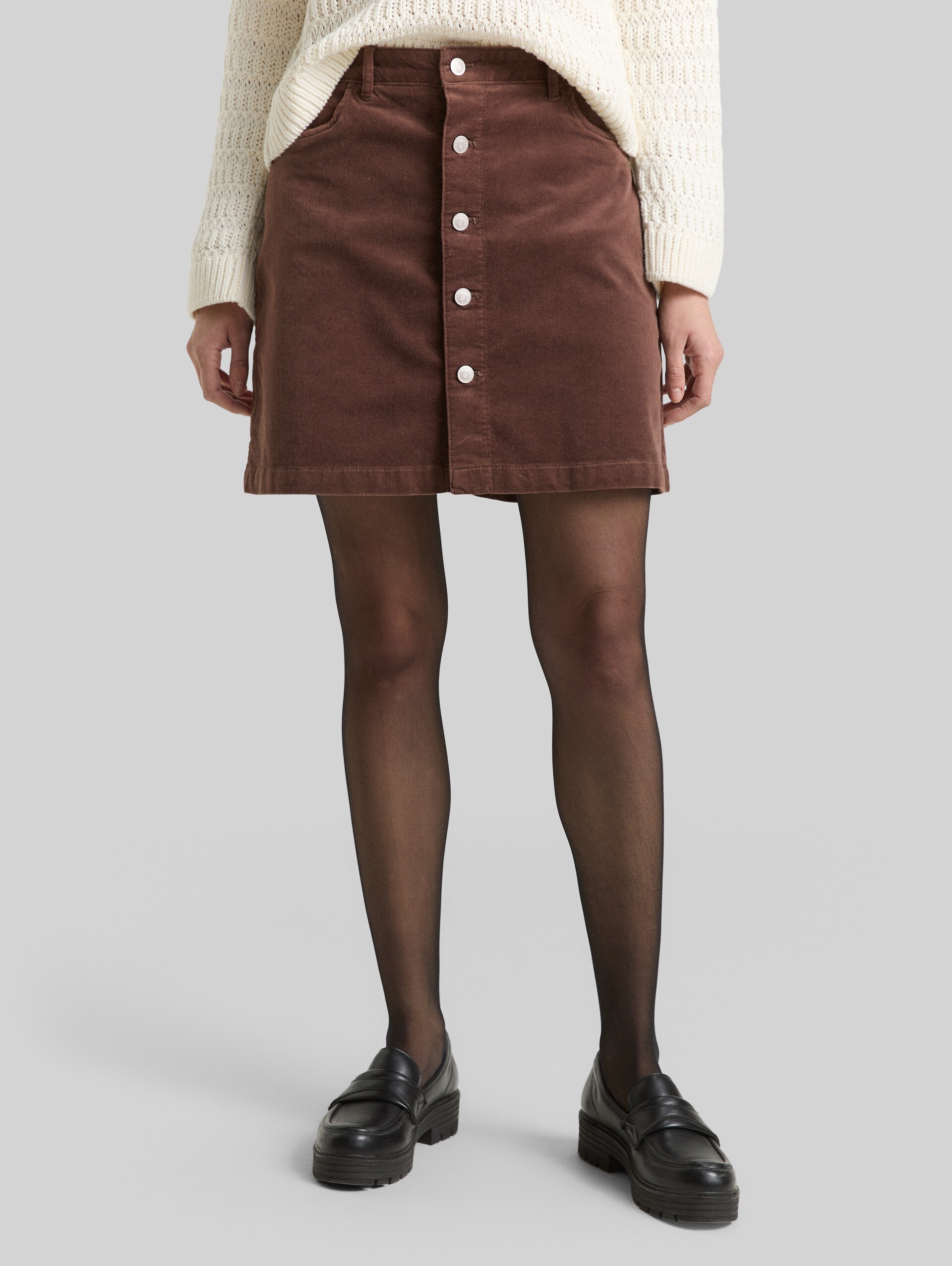 Velvet mini skirt with button placket - soft chocolate brown - Neckline model front view
