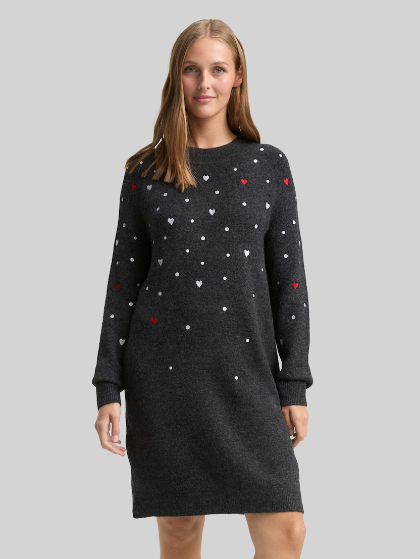 Mini dress with heart embroidery by Denim Female, grey white dots and hearts