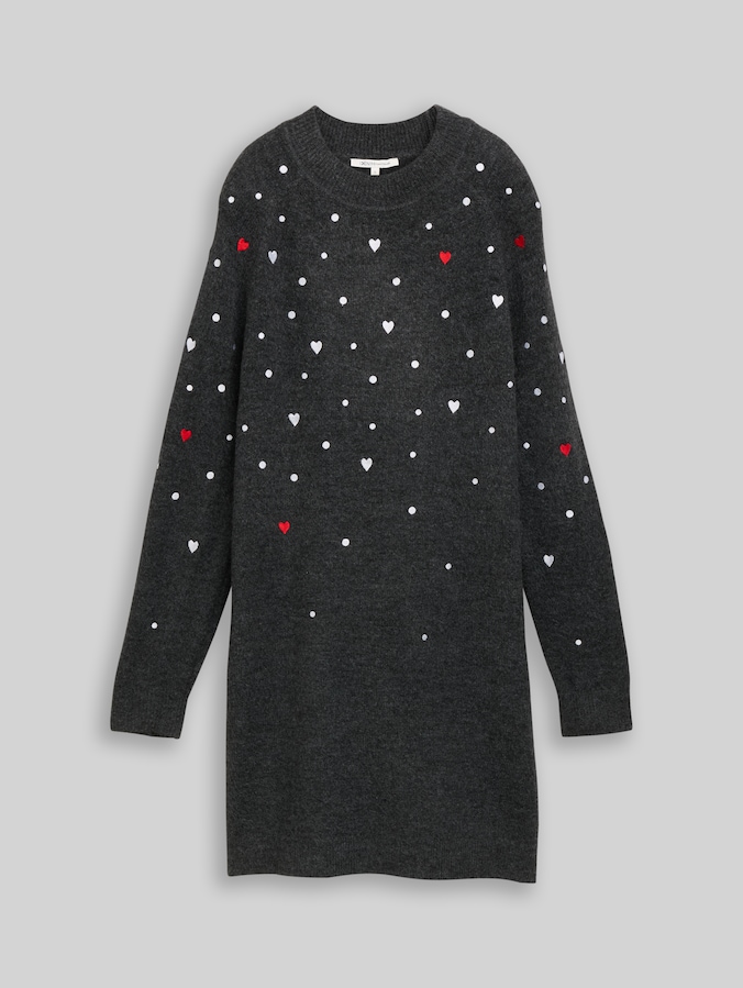 Mini-Kleid mit Herz-Stickerei von Denim Female, grey white dots and hearts