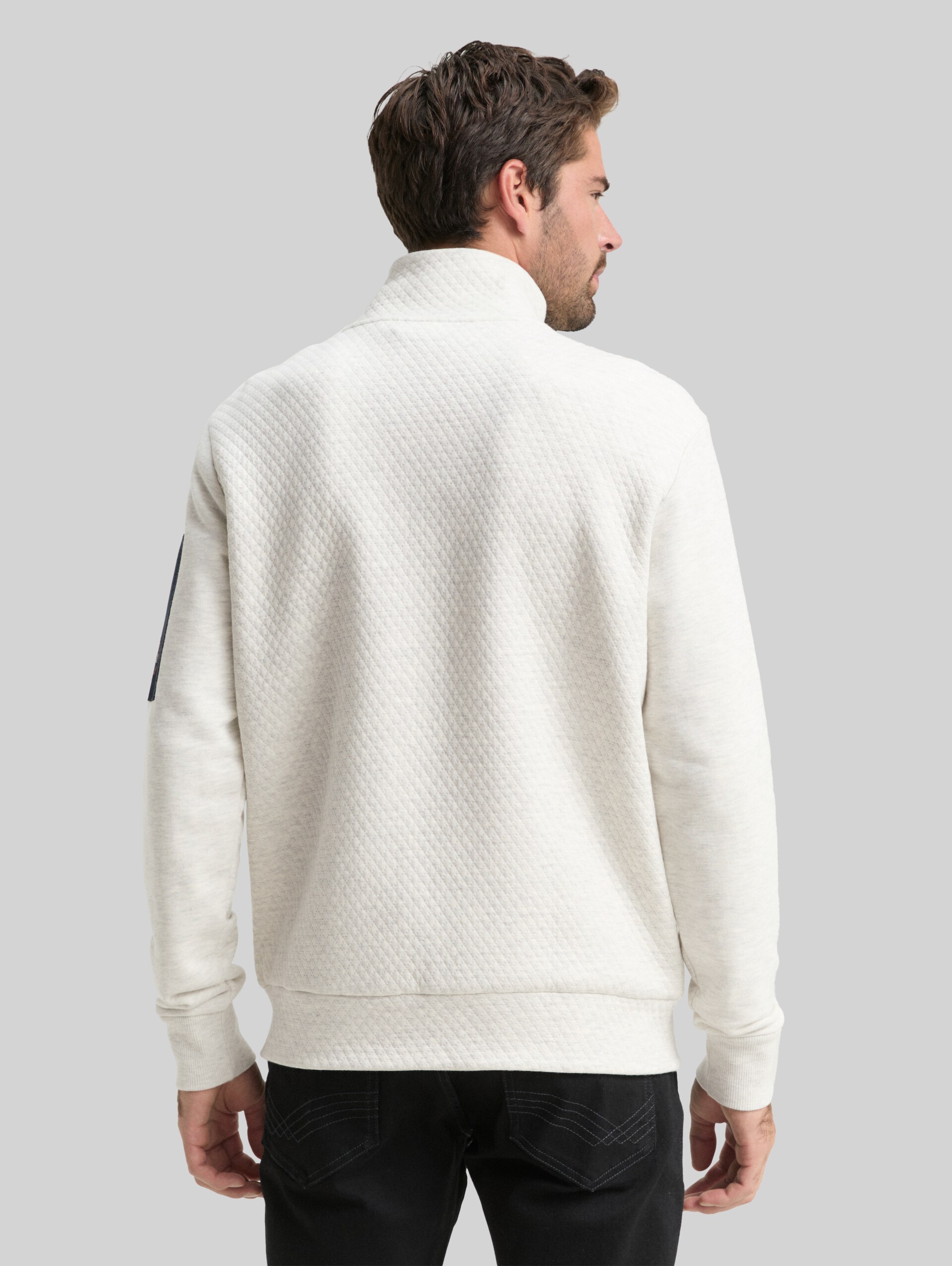 Sweat jacket with sleeve pocket - soft buttercream melange - Neckline model-back view