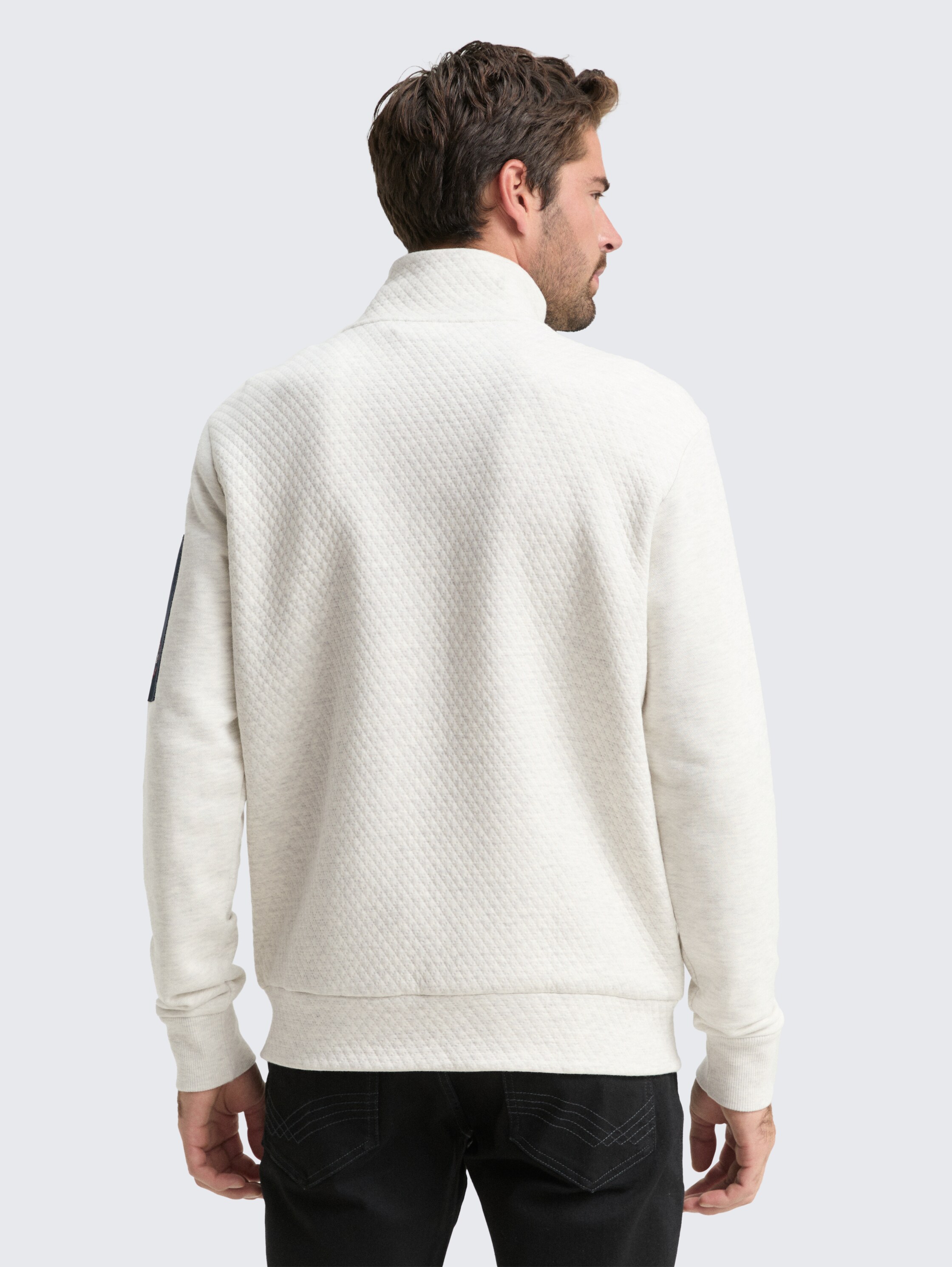 Sweat jacket with sleeve pocket - soft buttercream melange - Neckline model-back view