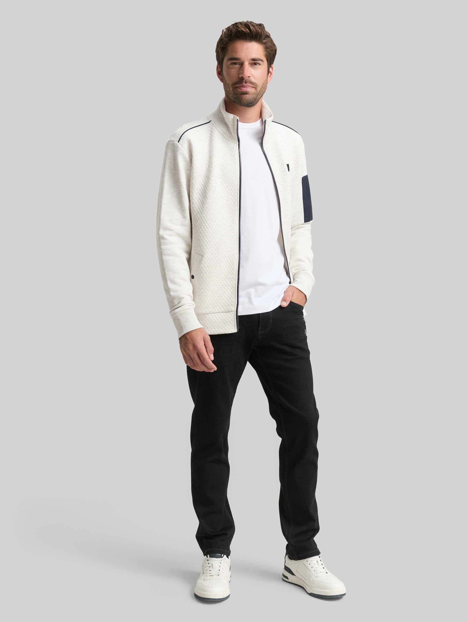 Sweat jacket with sleeve pocket - soft buttercream melange - Model front view