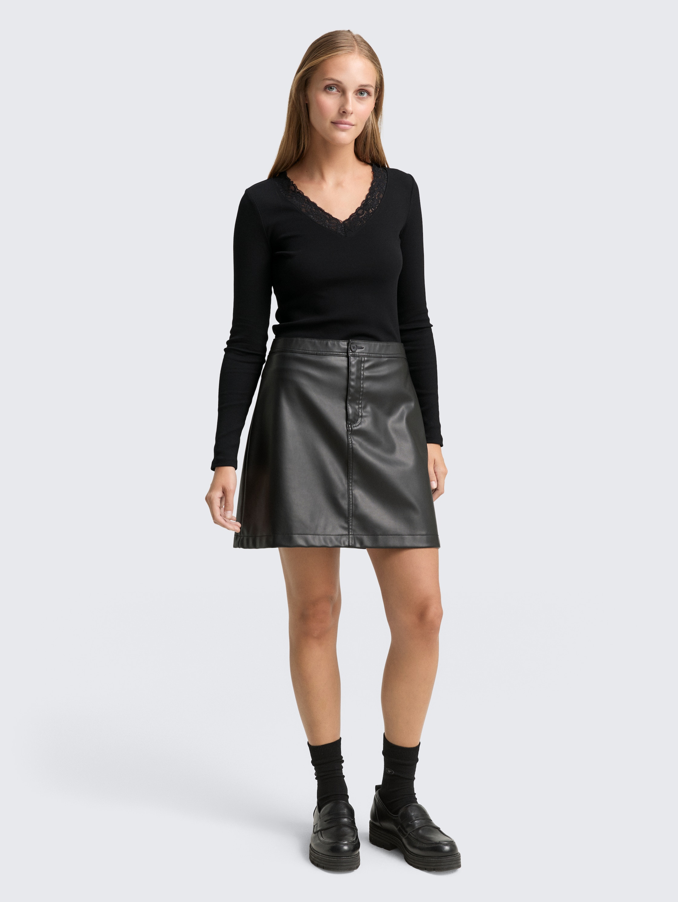 Slim fit shirt met lange mouwen en kanten detail - deep_black_1 - 