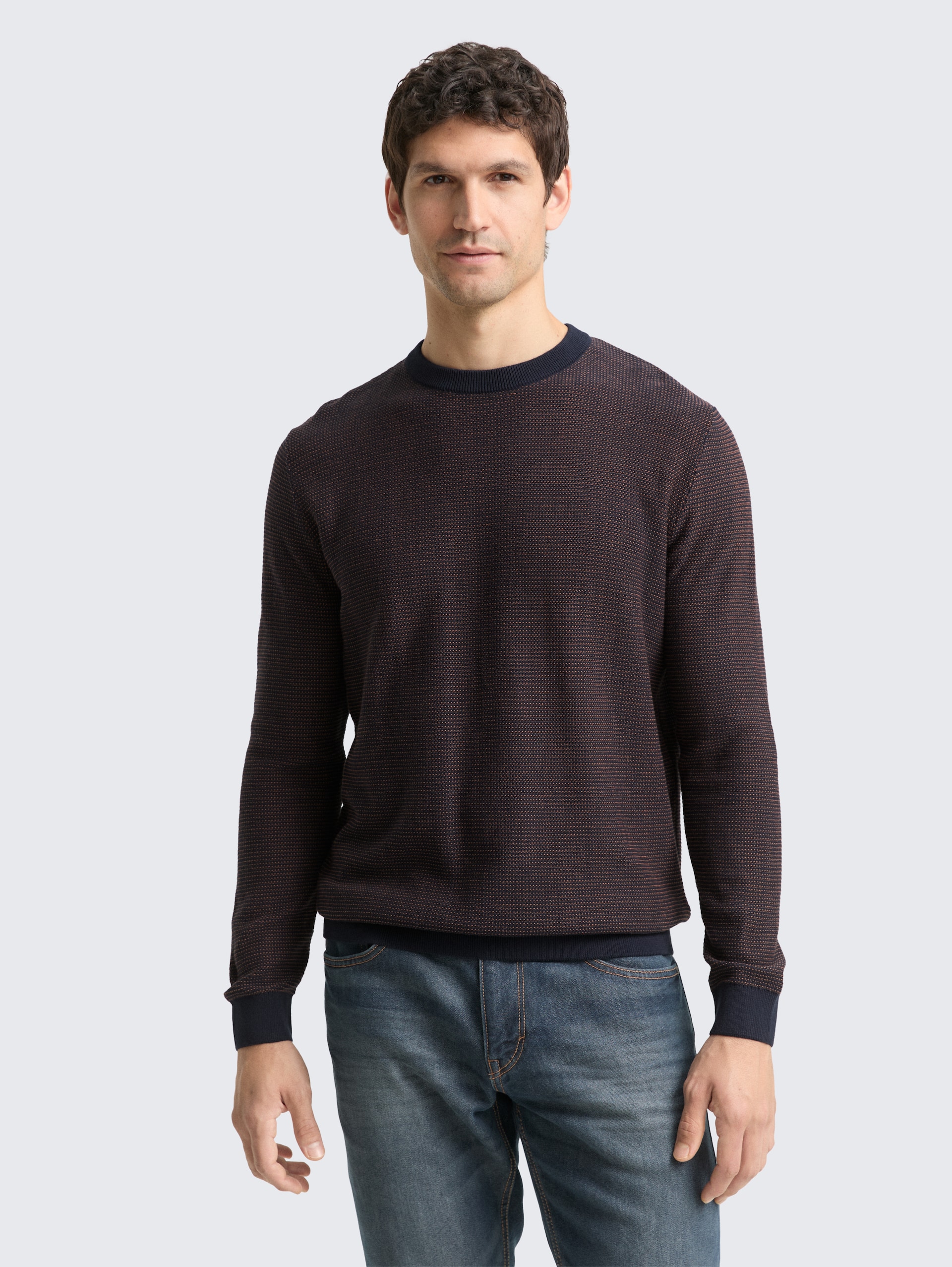 Strickpullover aus Baumwolle - navy mid brown dot stripe - Ausschnitt Model-Vorderansicht