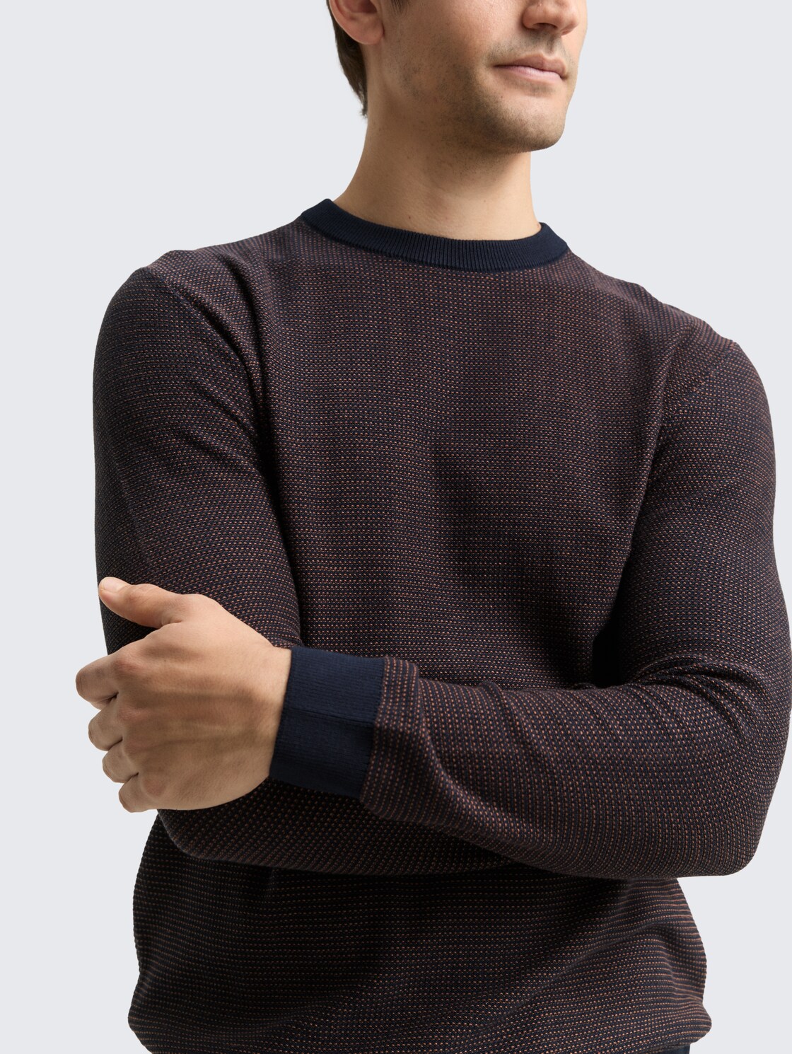 Strickpullover aus Baumwolle - navy mid brown dot stripe - Detail-Model-Ansicht