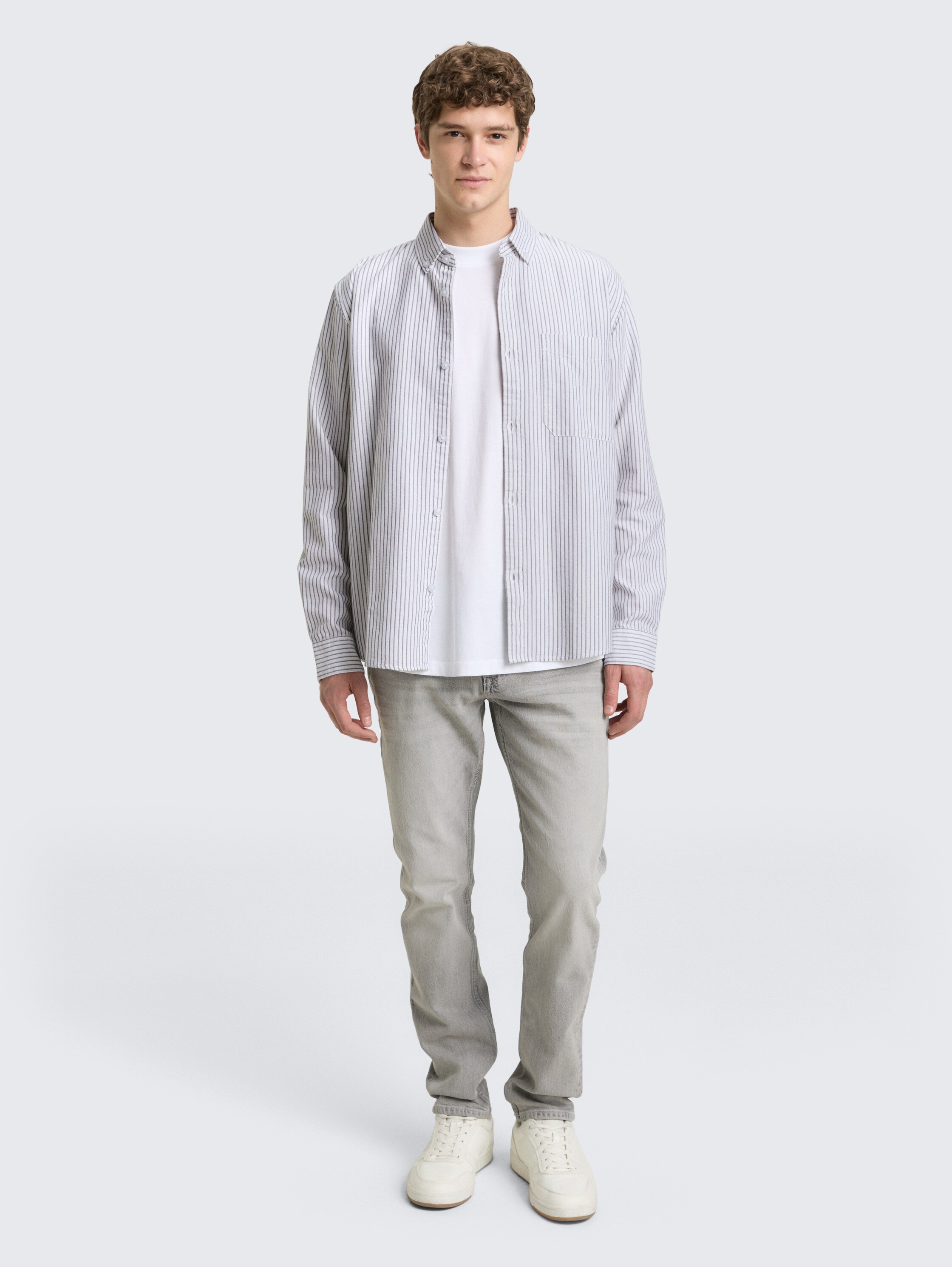 Relaxed fit cotton shirt - white_olive_stripe - 