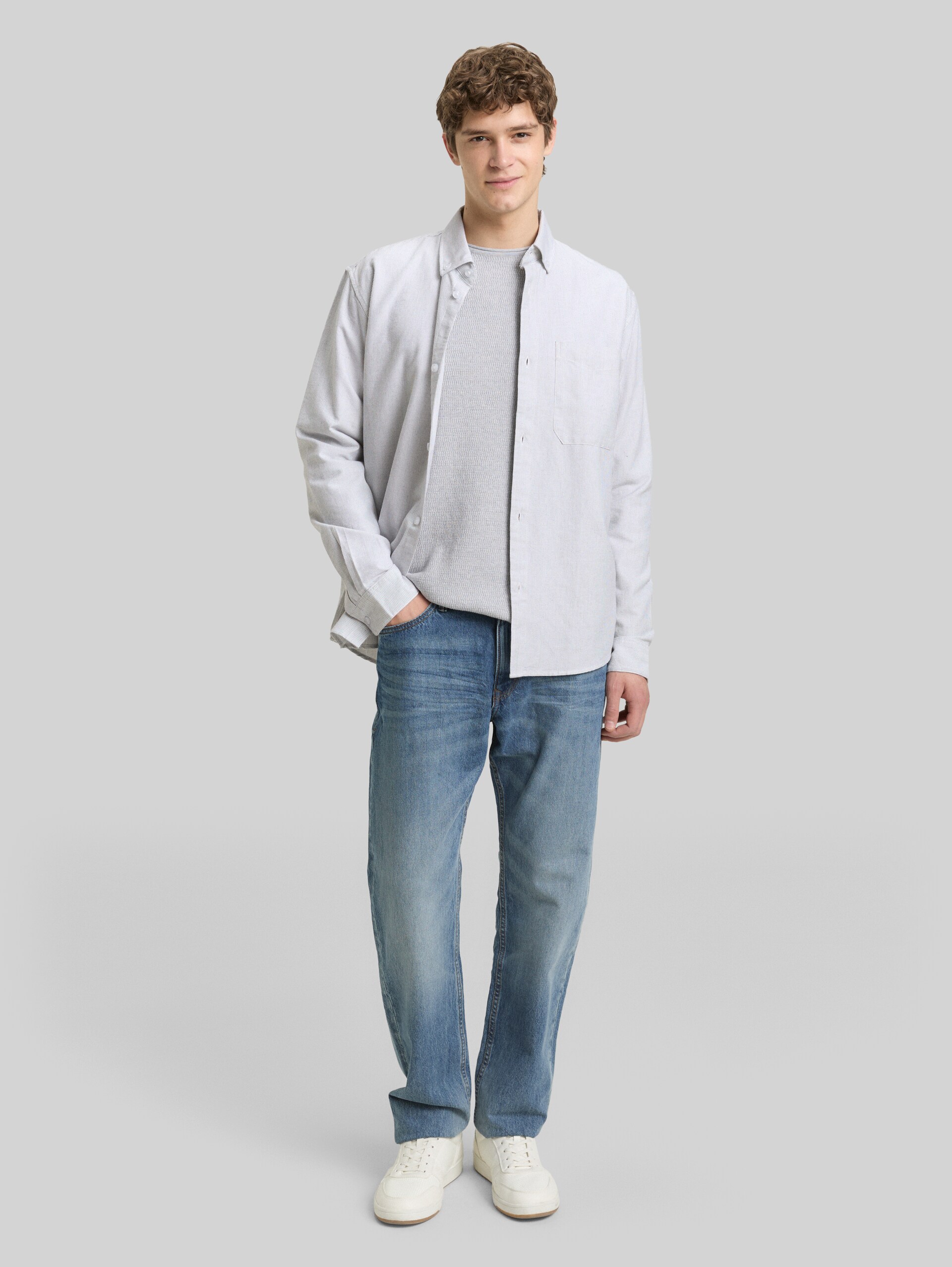 Relaxed fit cotton shirt - white small stripe - Model front view
