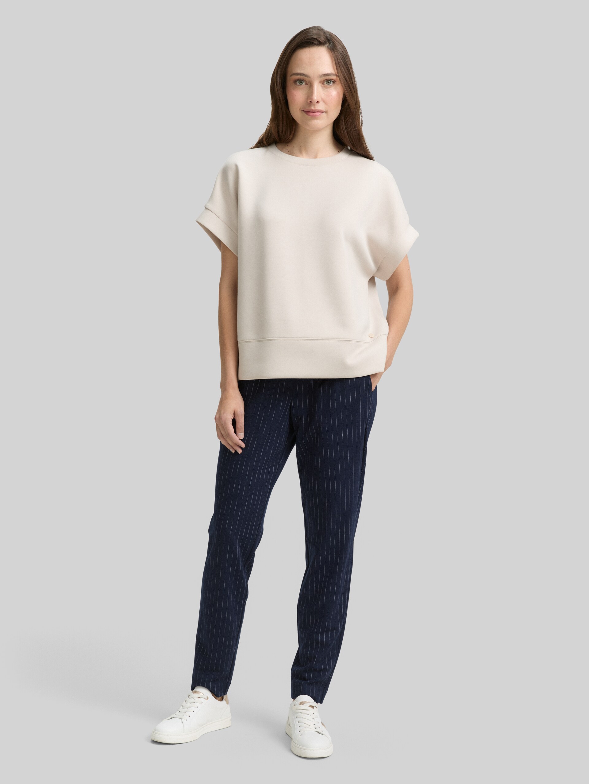 Loose fit trousers with pinstripes - navy white pinstripe - Model front view
