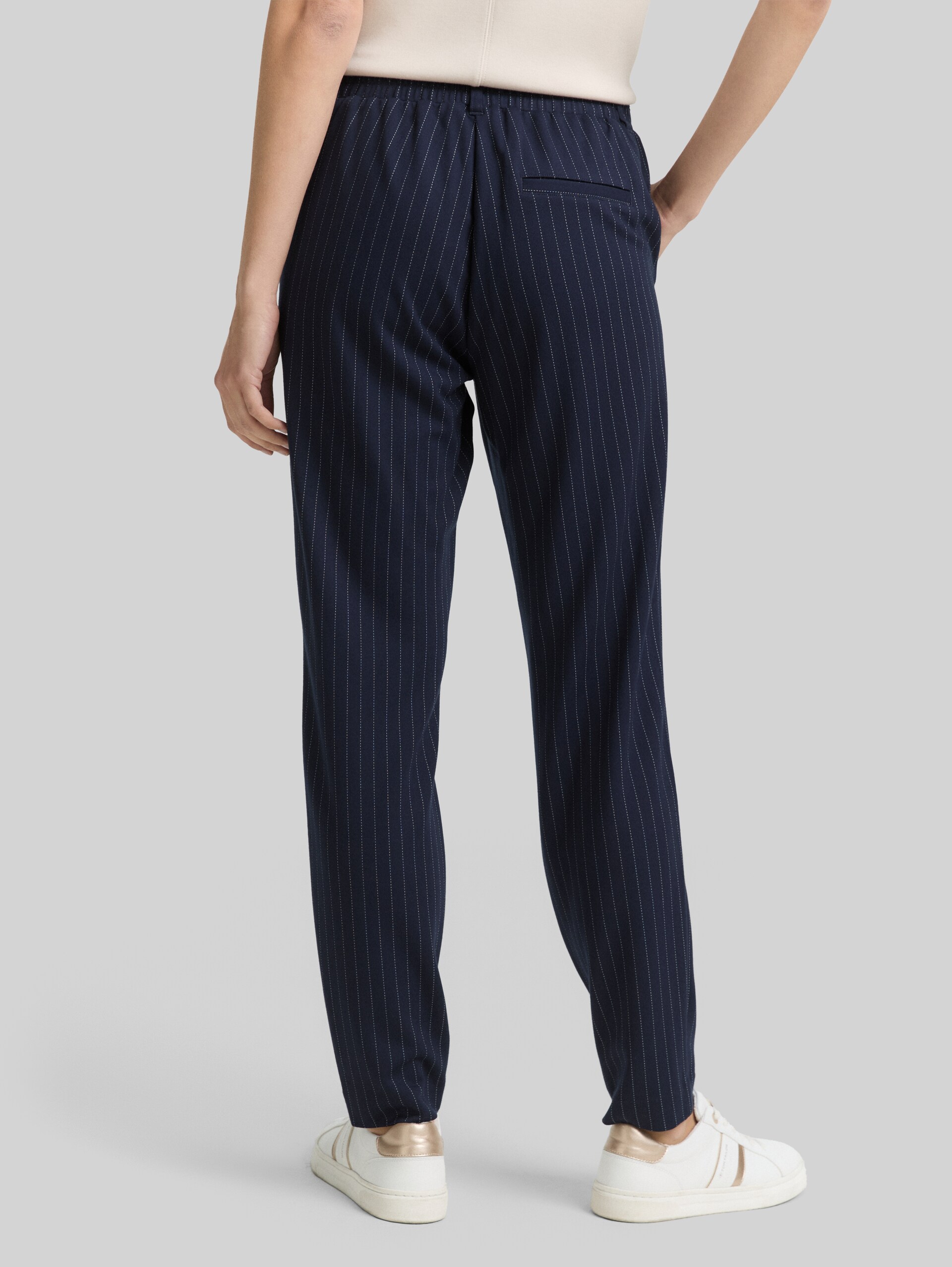 Loose fit trousers with pinstripes - navy white pinstripe - Neckline model-back view
