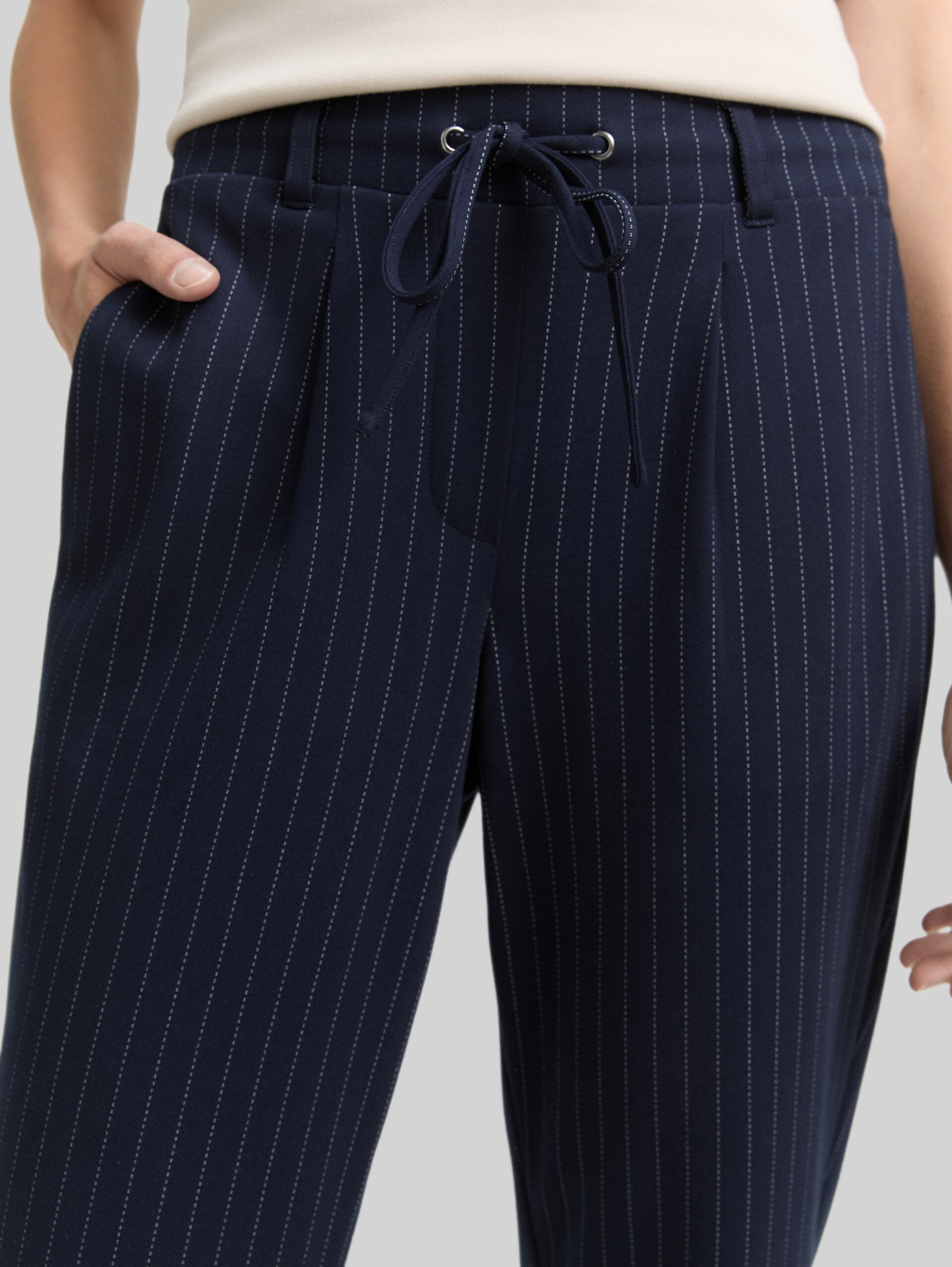 Loose fit trousers with pinstripes - navy white pinstripe - Detail model view