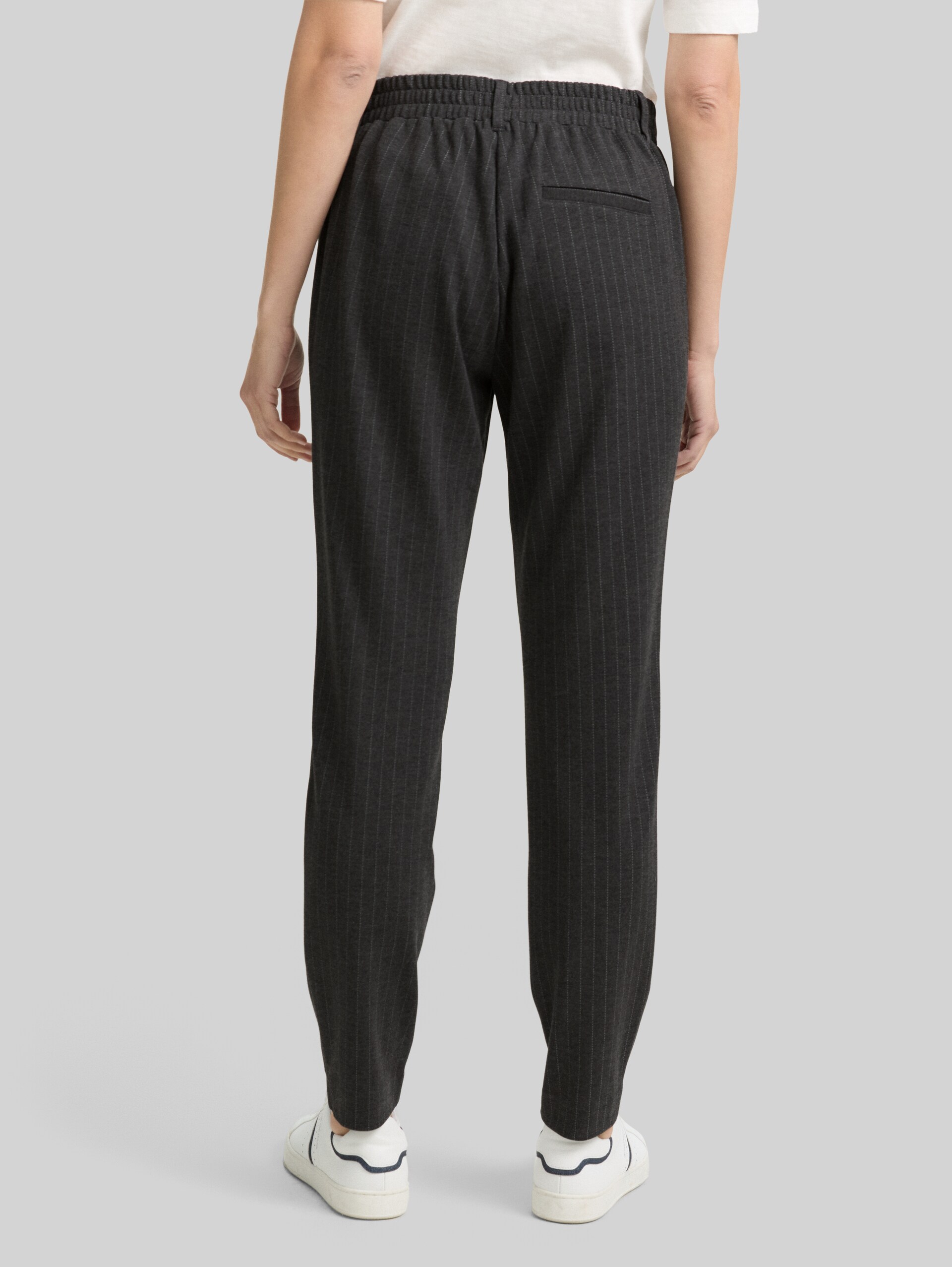 Loose fit trousers with pinstripes - grey white pinstripe - Neckline model-back view