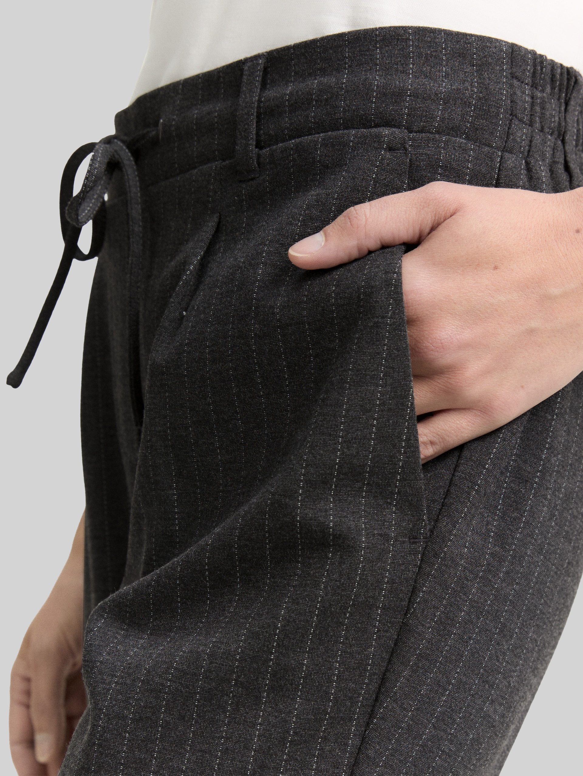 Loose fit trousers with pinstripes - grey white pinstripe - Detail model view