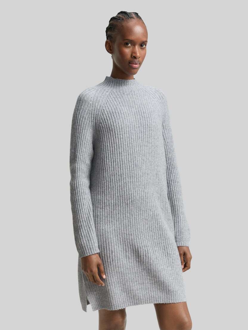 Knitted dress with stand-up collar by Denim Female, Cement Grey Mélange