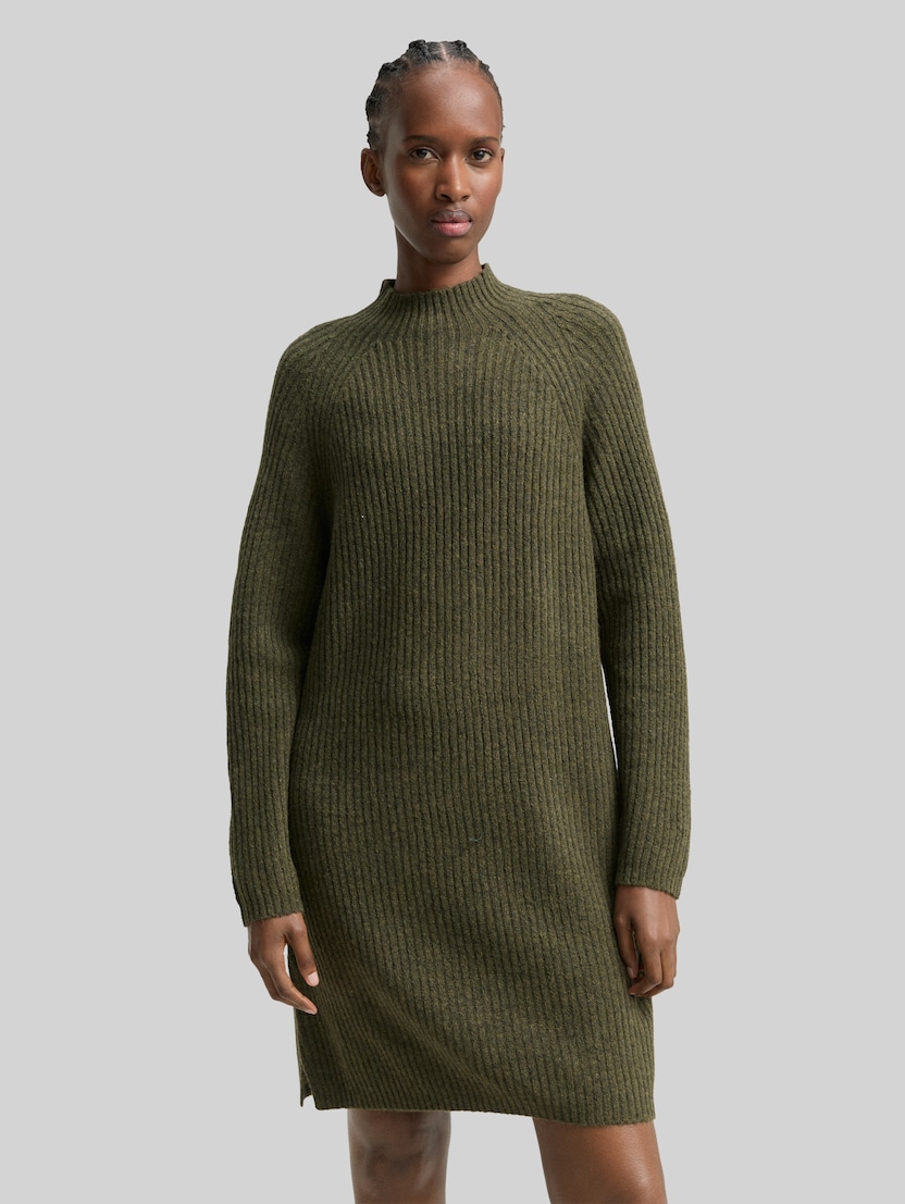 Knitted dress with stand-up collar by Denim Female, grape leaf green melange