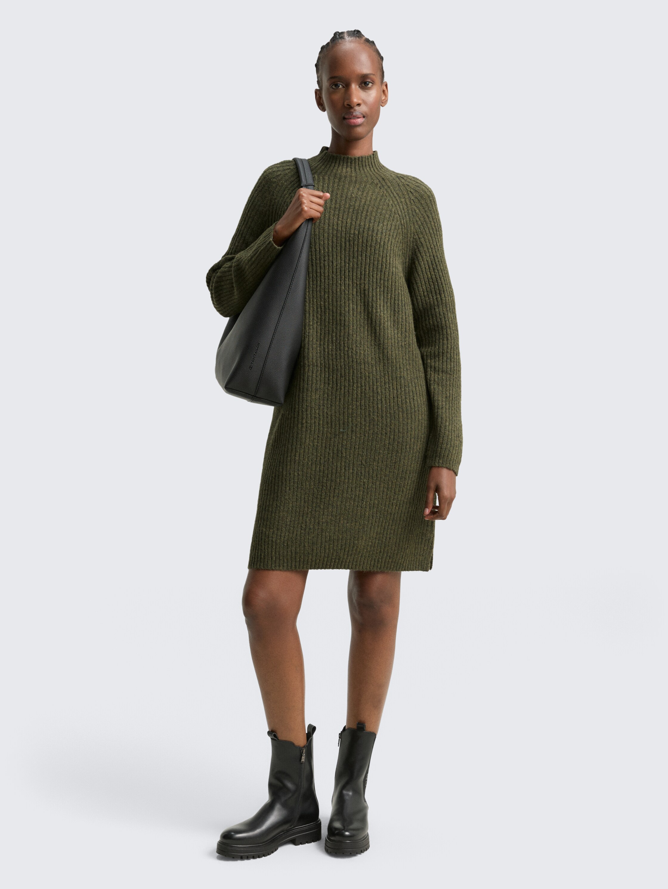 Knitted dress with stand-up collar - grape_leaf_green_melange - 
