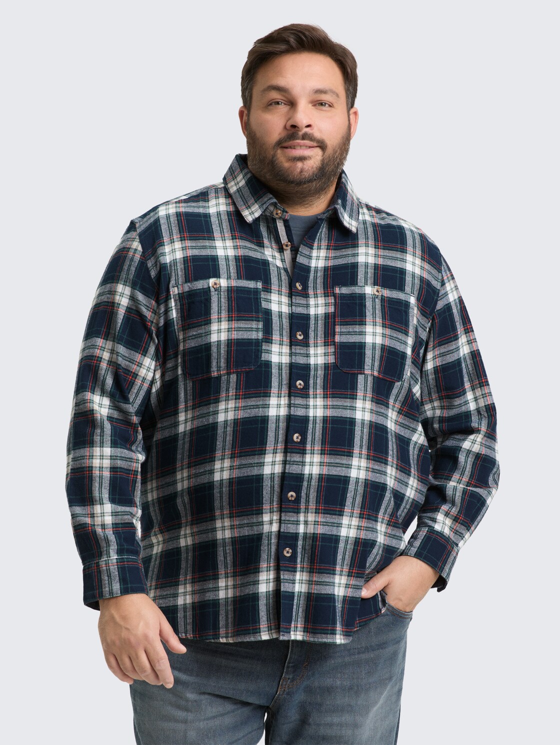 Plus Size - Comfort Fit Flanell-Hemd mit Karomuster - navy multicolor check - Ausschnitt Model-Vorderansicht