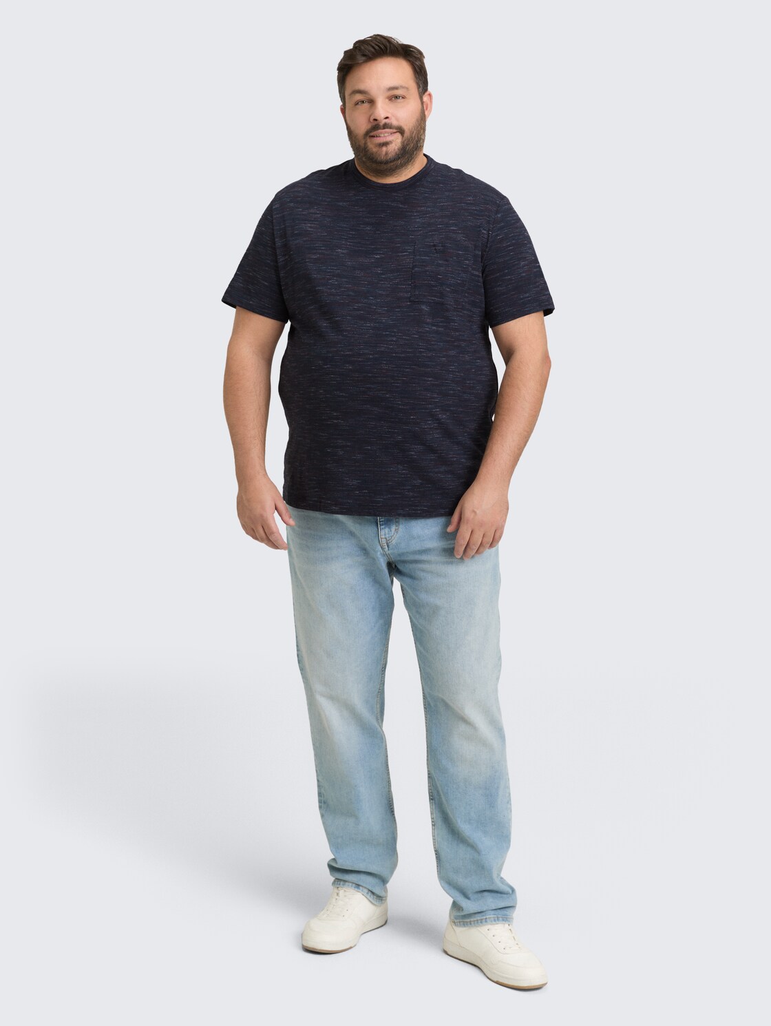 Plus Size - T-shirt in melange look with breast pocket - navy red multi inject - Model front view