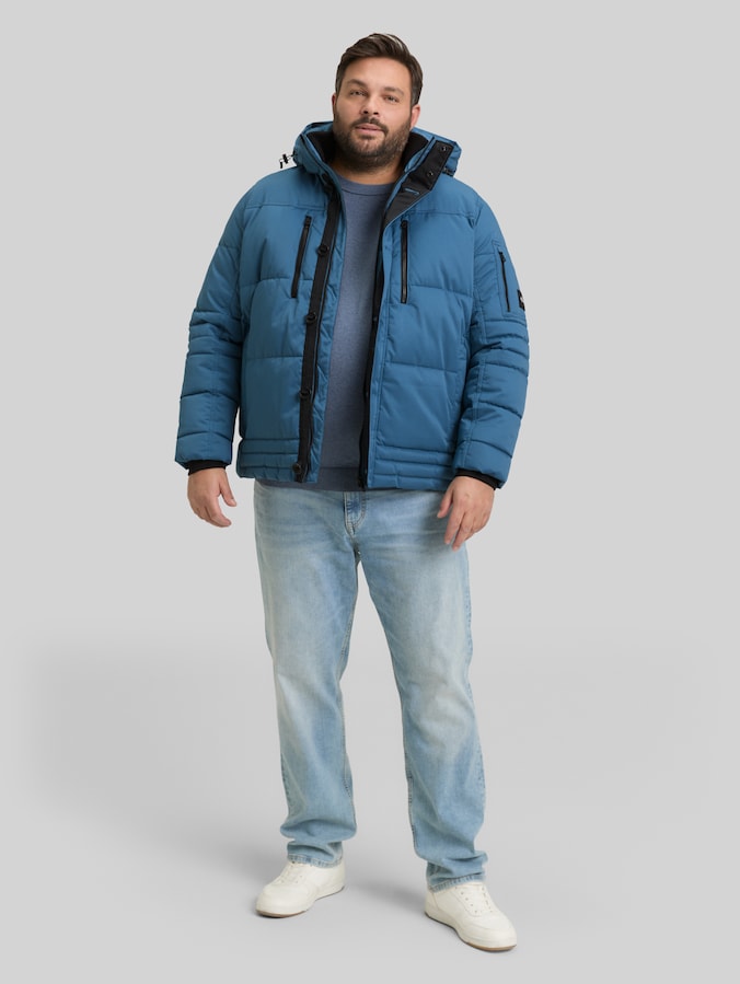 Plus Size - Puffer jacket with detachable hood by Men Plus Size, real teal blue