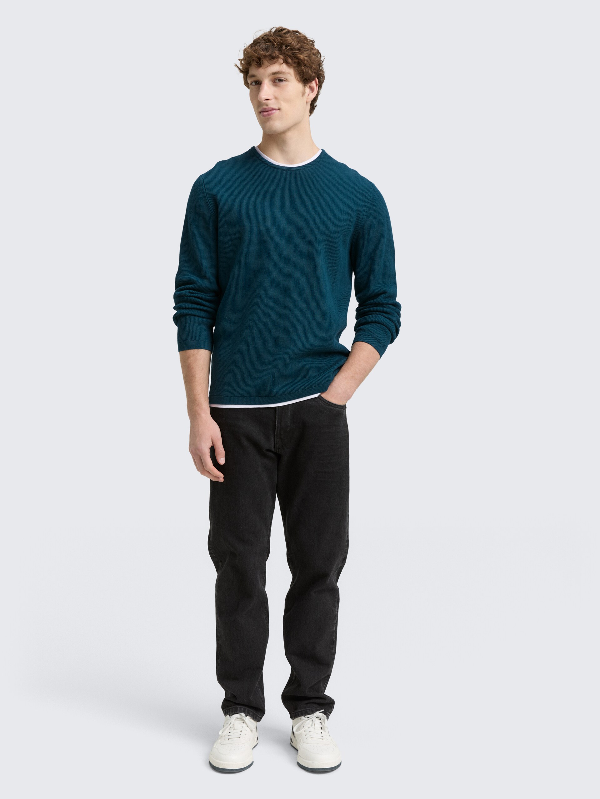 2-in-1 Strickpullover aus Baumwolle - deep pond green - Model-Vorderansicht