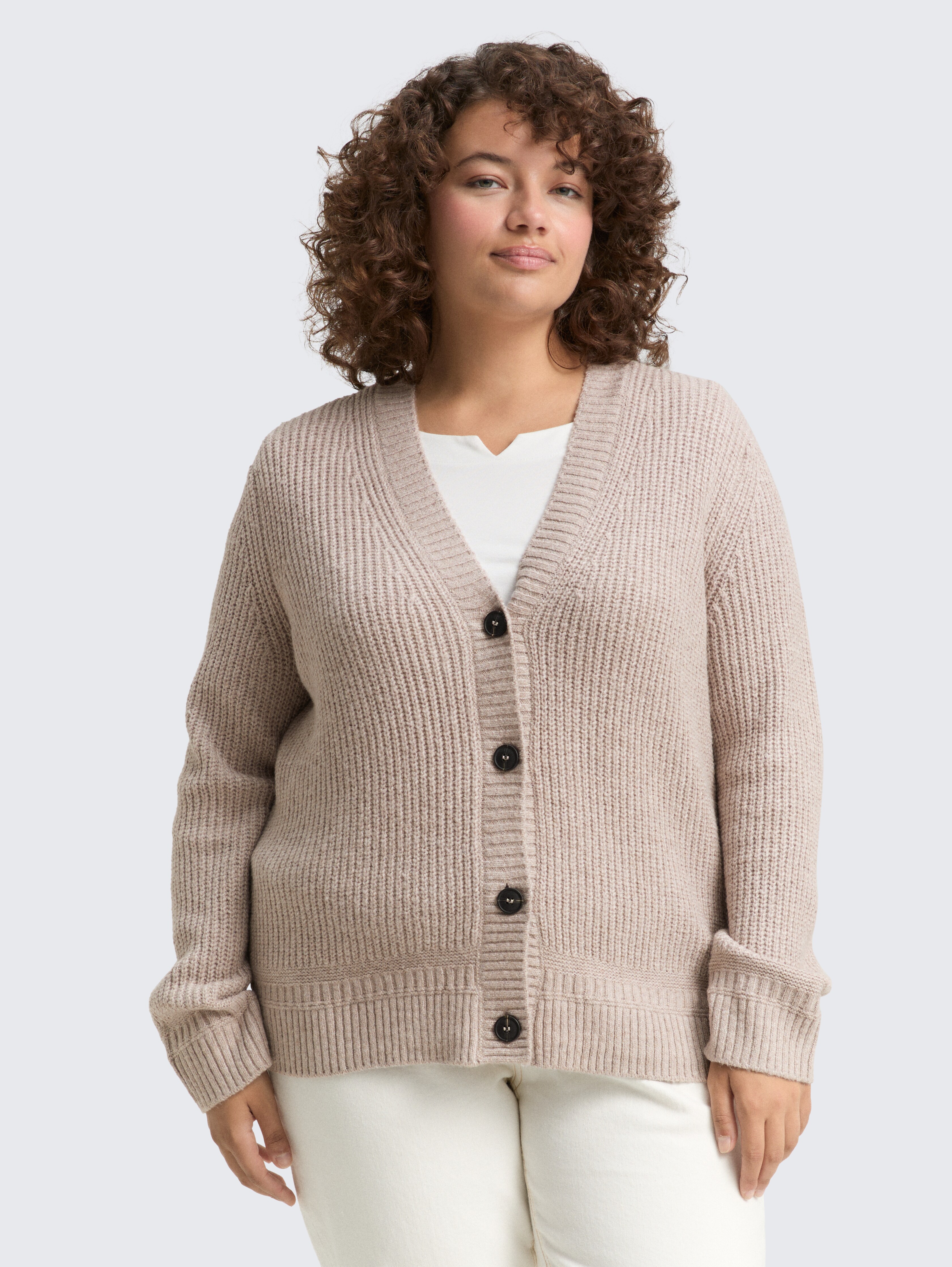 Plus Size - Ripp Cardigan mit V-Ausschnitt von Women Plus Size, soft taupe melange