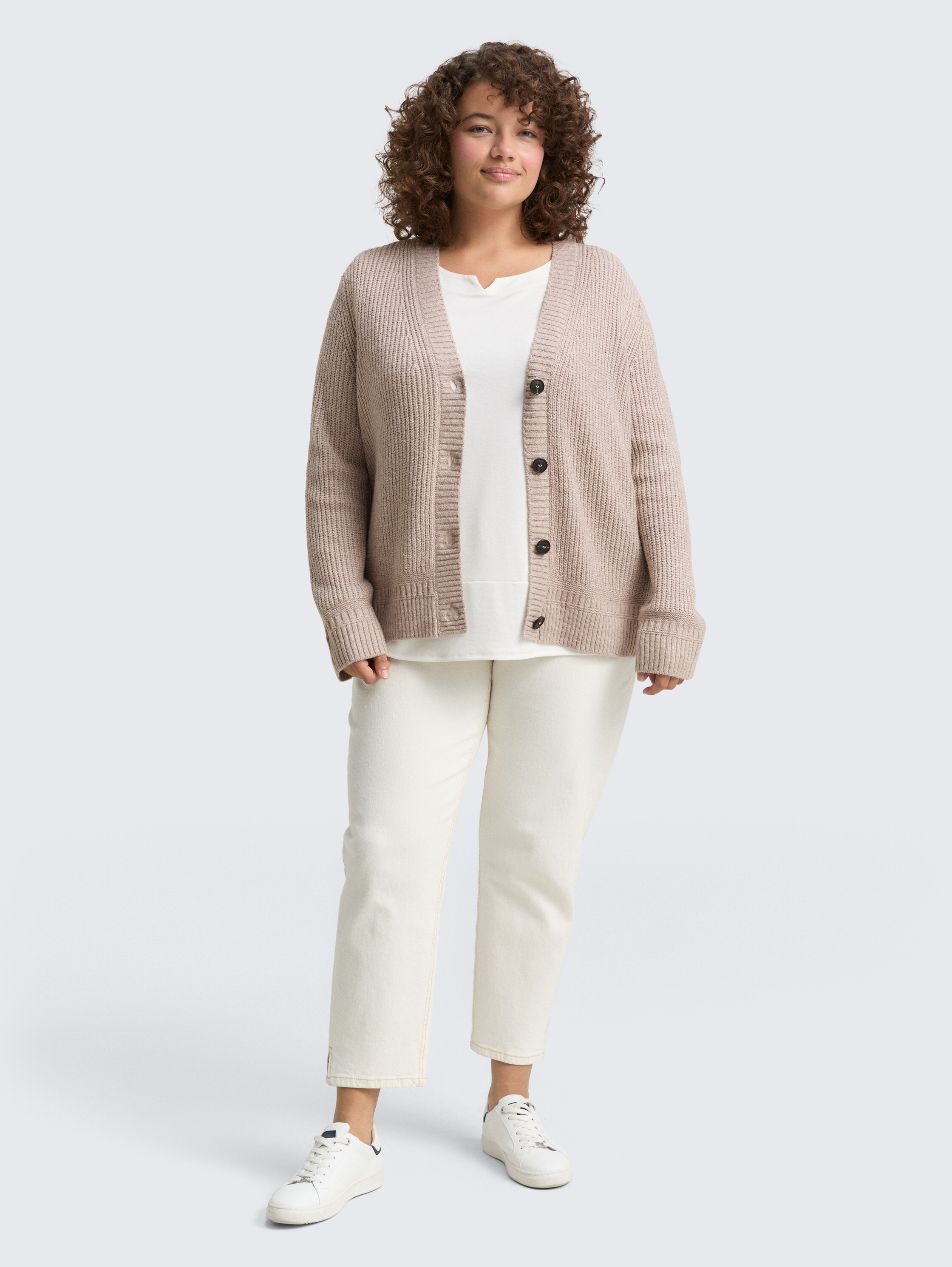Plus Size - Ribbed cardigan with V-neck - soft_taupe_melange - 