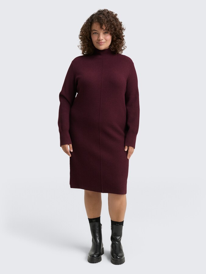 Plus Size - Knitted dress with stand-up collar by Women Plus Size, Dark Red Mélange