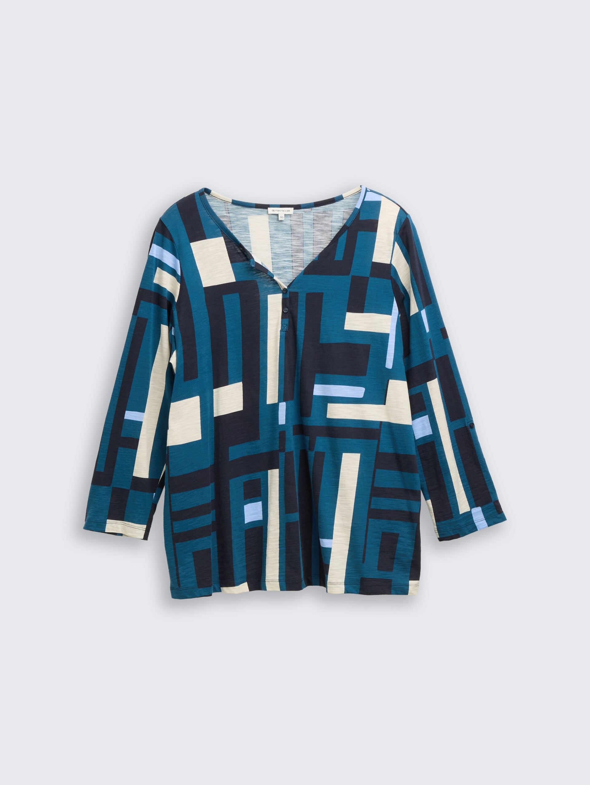 Plus Size - Henley Blusenshirt mit Muster - teal geometric design - Vorder-Produkt-Ansicht