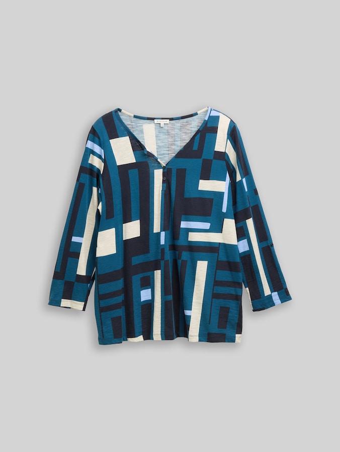 Plus Size - Henley blouse shirt with pattern by Women Plus Size, teal geometric design