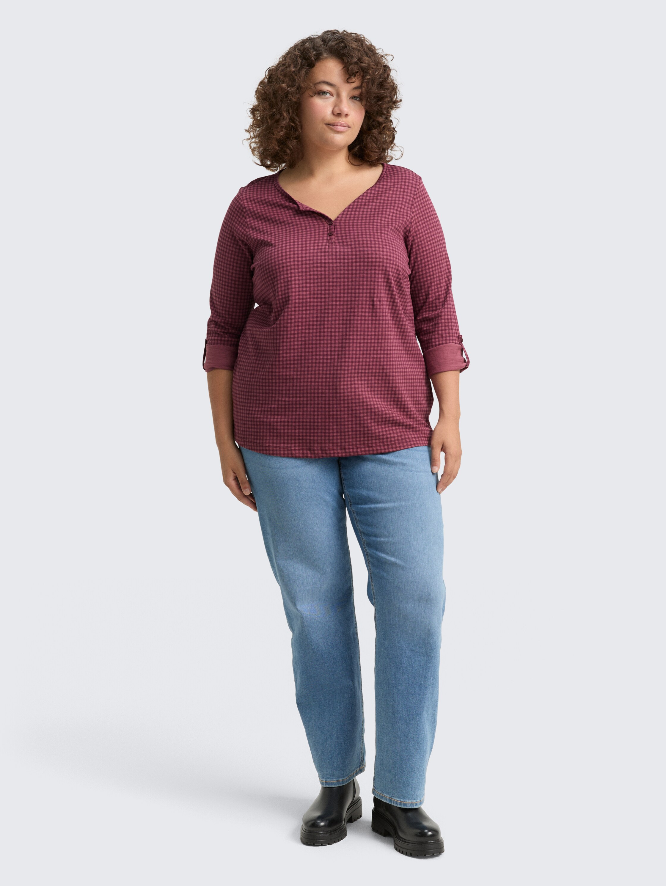 Plus Size - Henley blouse shirt with pattern - berry_bordeaux_vichy_print - 