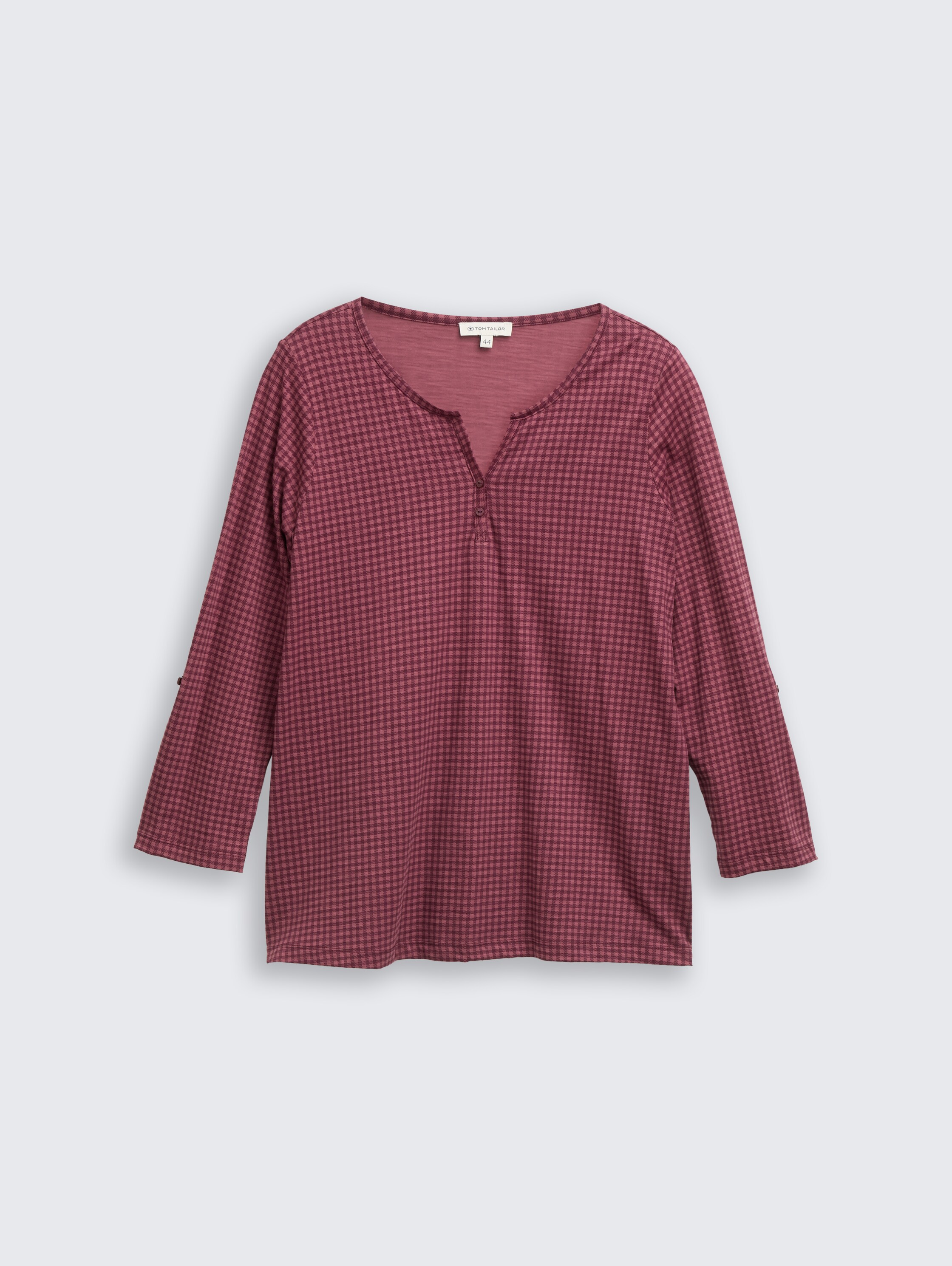Plus Size - Henley blouse shirt with pattern - berry_bordeaux_vichy_print - 