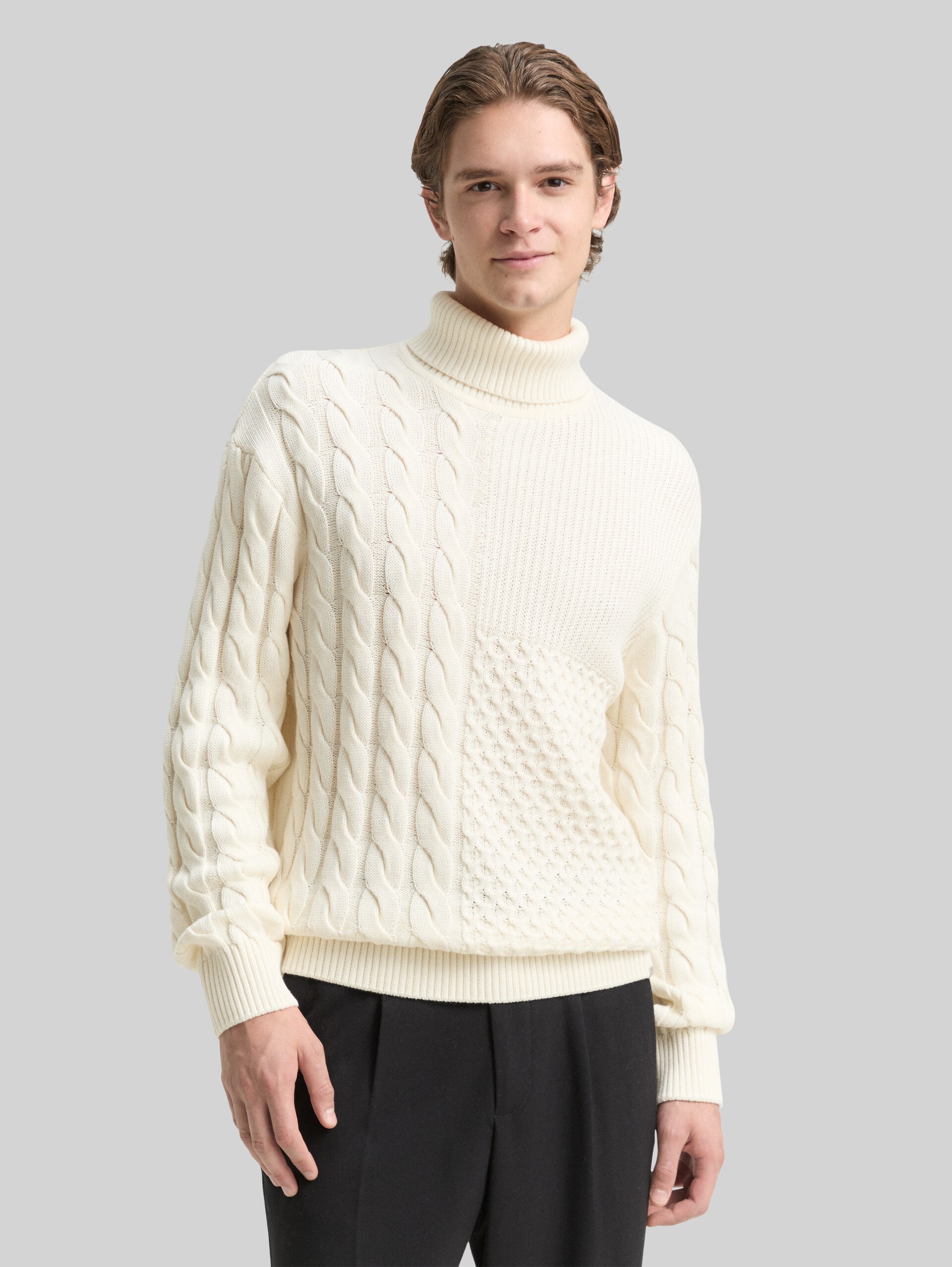 Relaxed fit turtleneck jumper with cable knit - Wool White - Neckline model front view