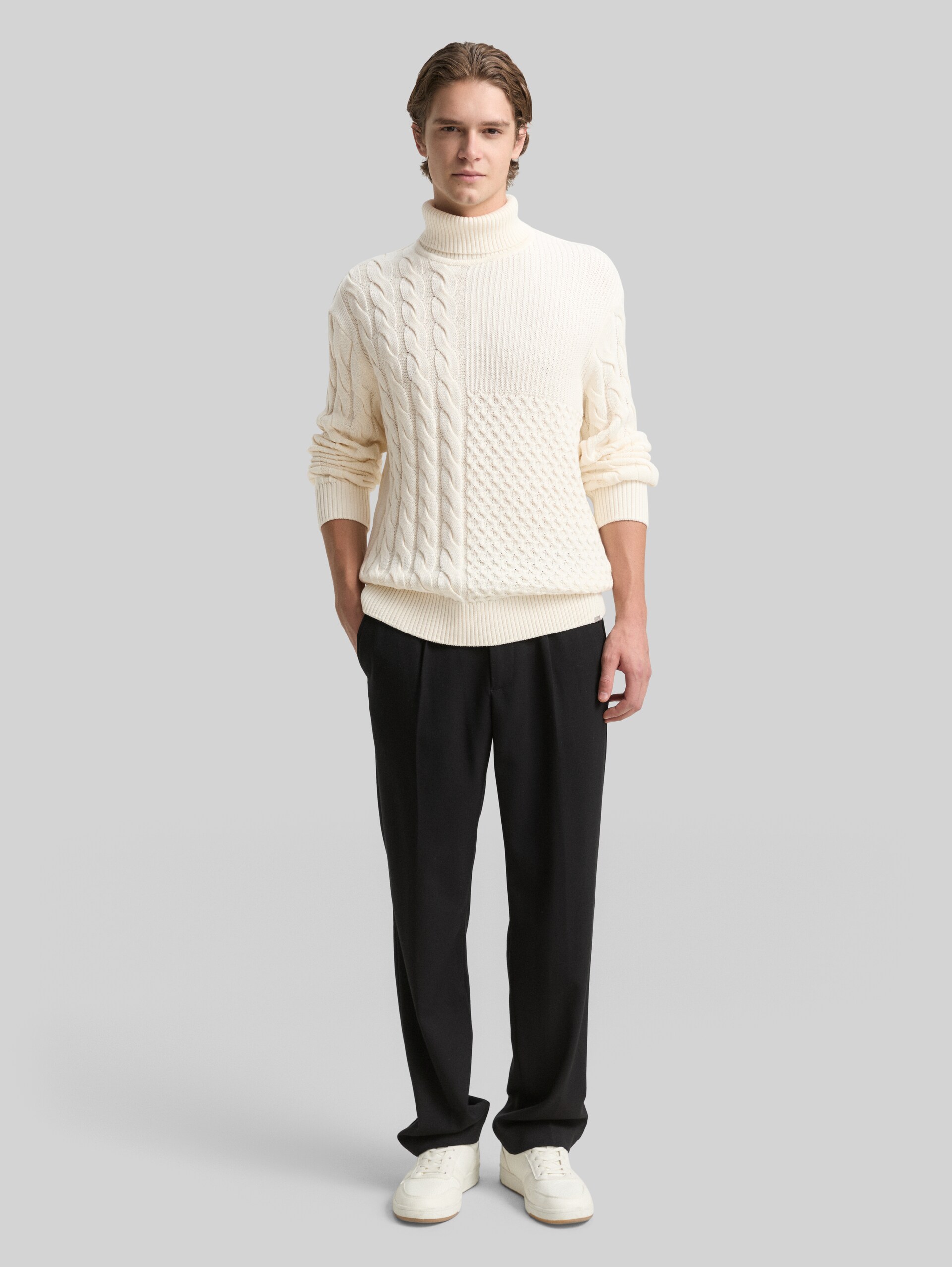 Relaxed fit turtleneck jumper with cable knit - Wool White - Model front view
