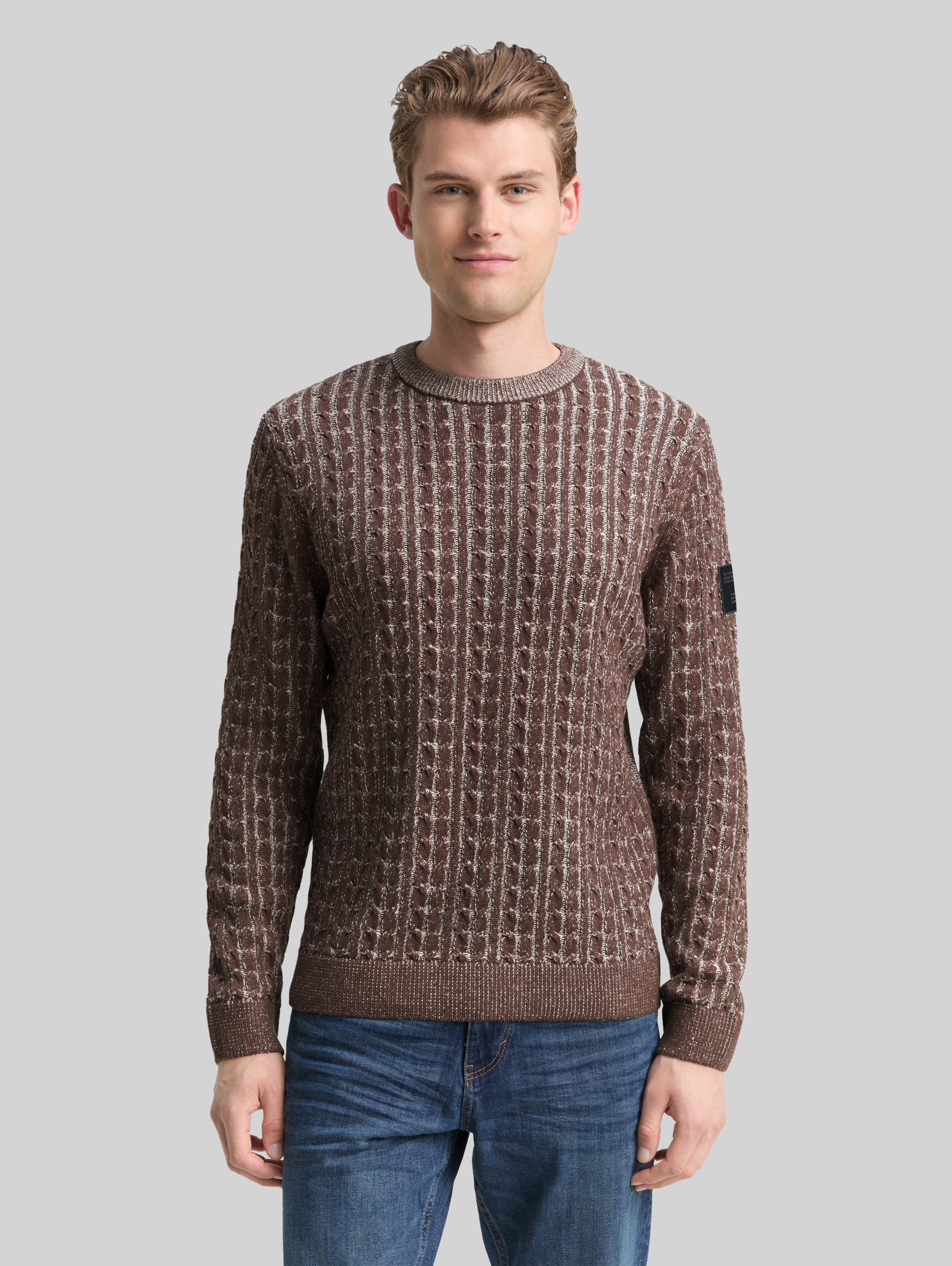 Knitted jumper with cable knit pattern in brown by Tom Tailor