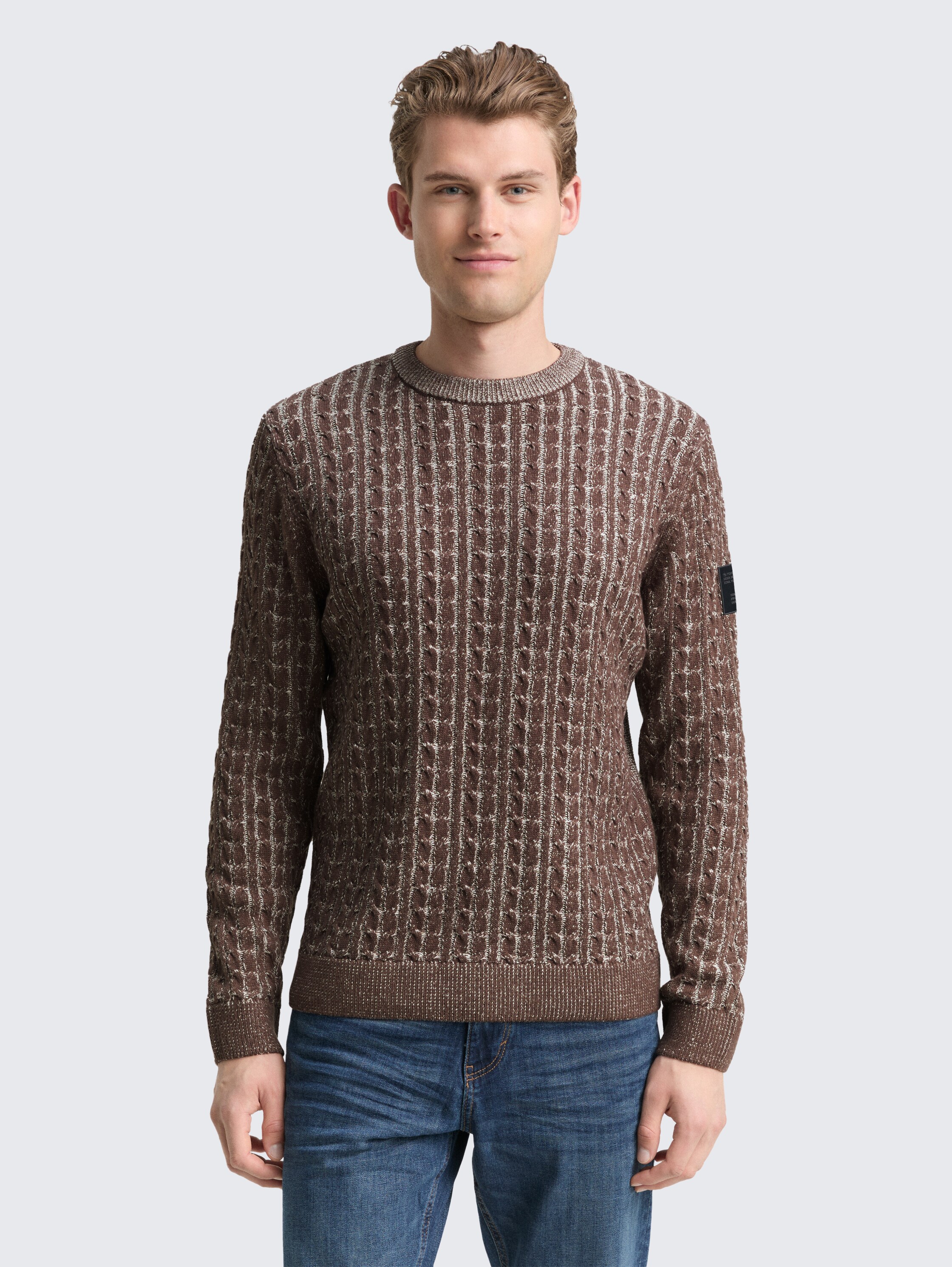 Strickpullover mit Zopfmuster - brown_offwhite_plated - 