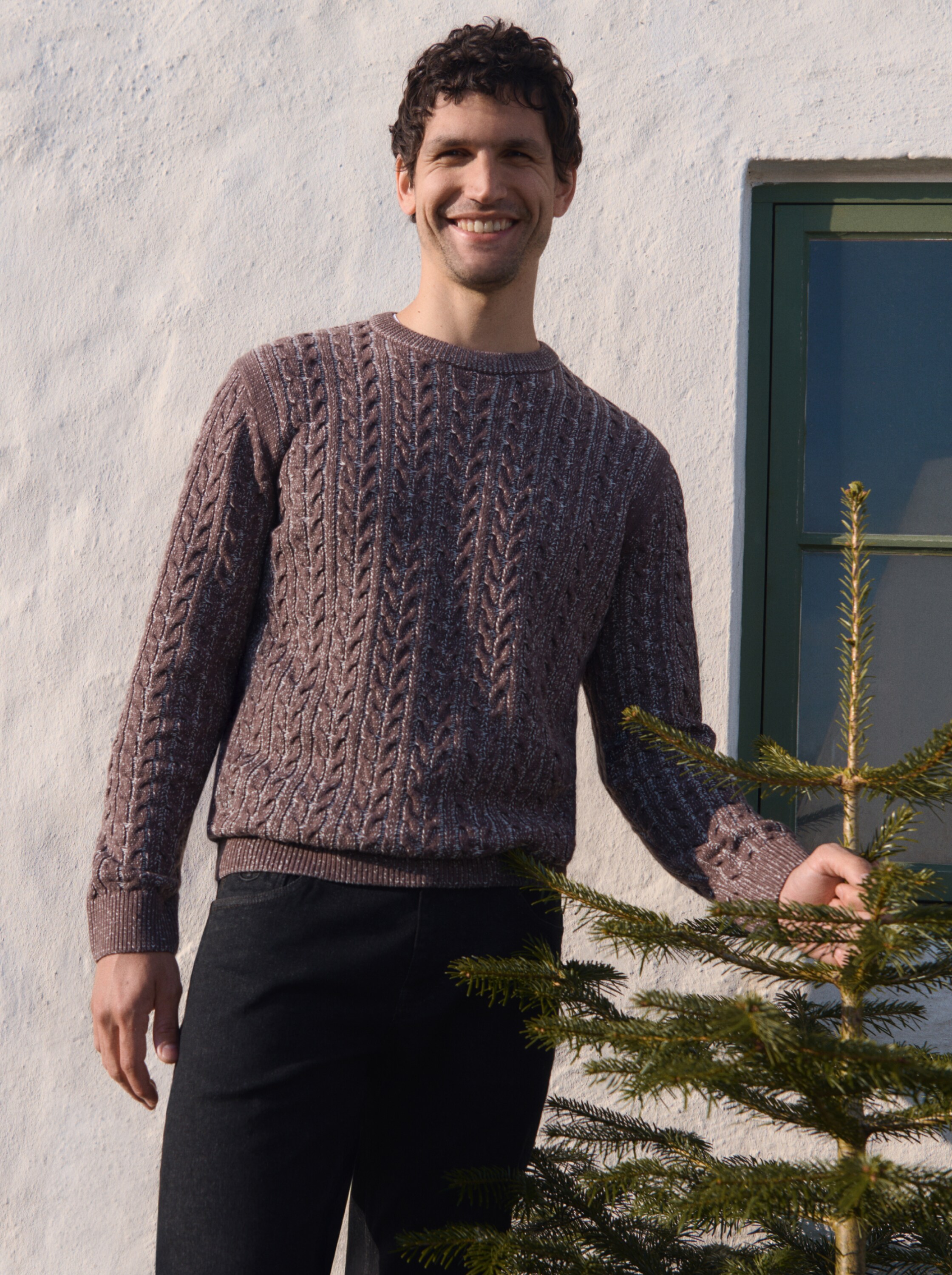 Strickpullover mit Zopfmuster - brown_offwhite_plated - 