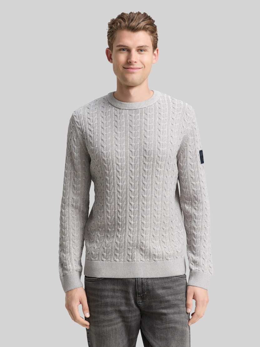 Strickpullover mit Zopfmuster von Men, grey offwhite plated