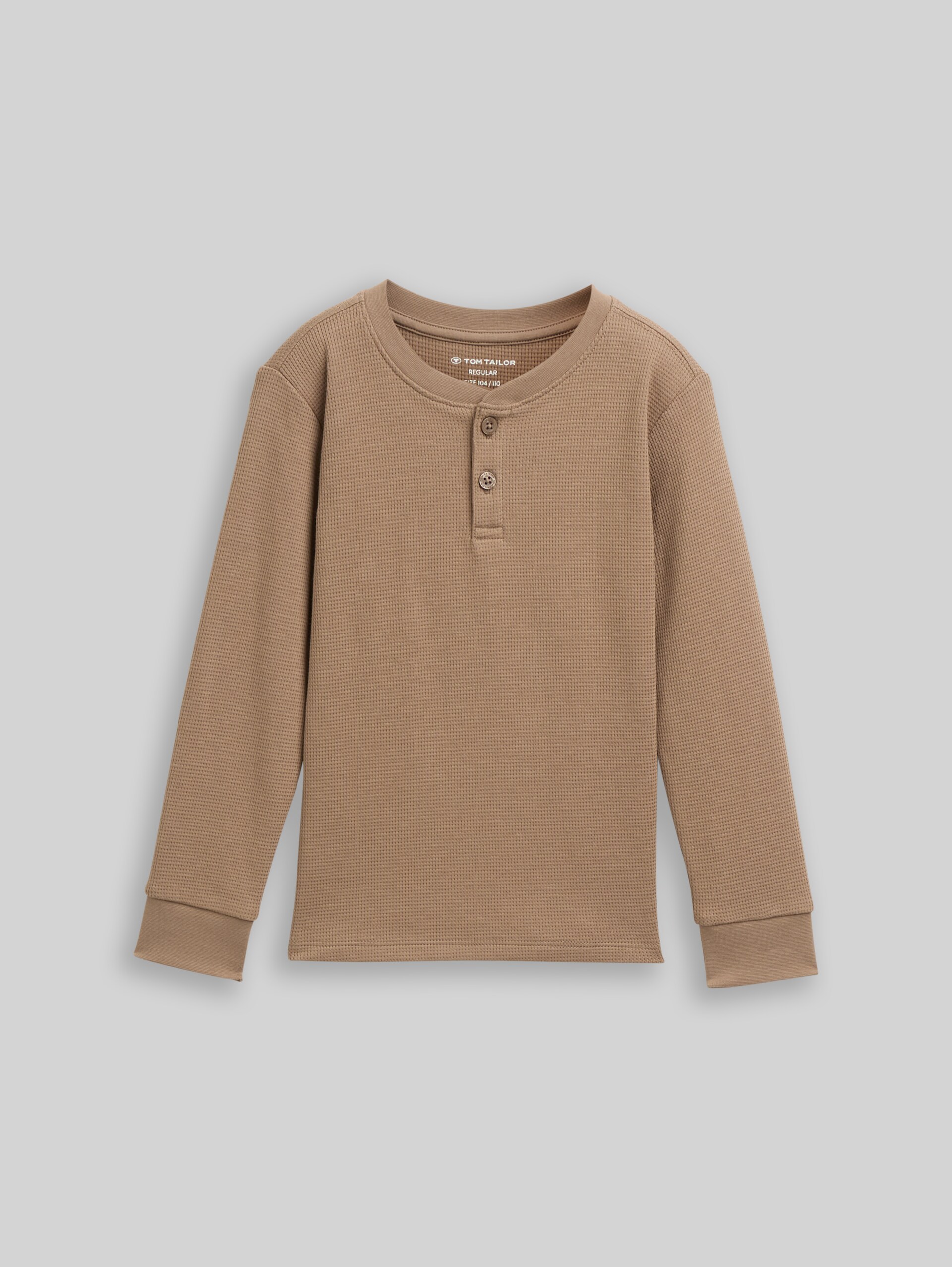 Henley long-sleeved T-shirt with a waffle texture - taupe grey - Front product view