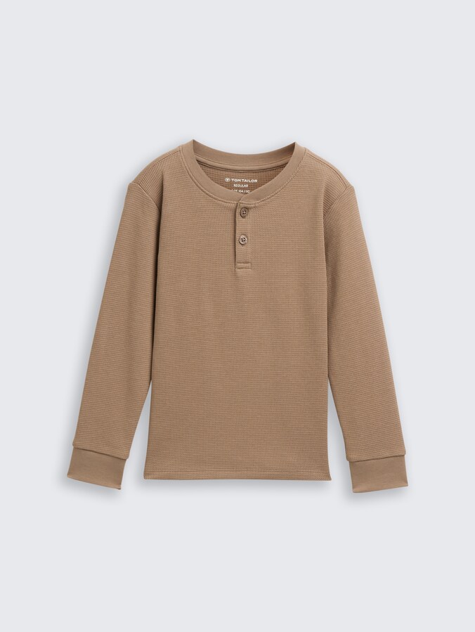 T-shirt Henley à manches longues et texture gaufrée par Mini Boys, taupe grey