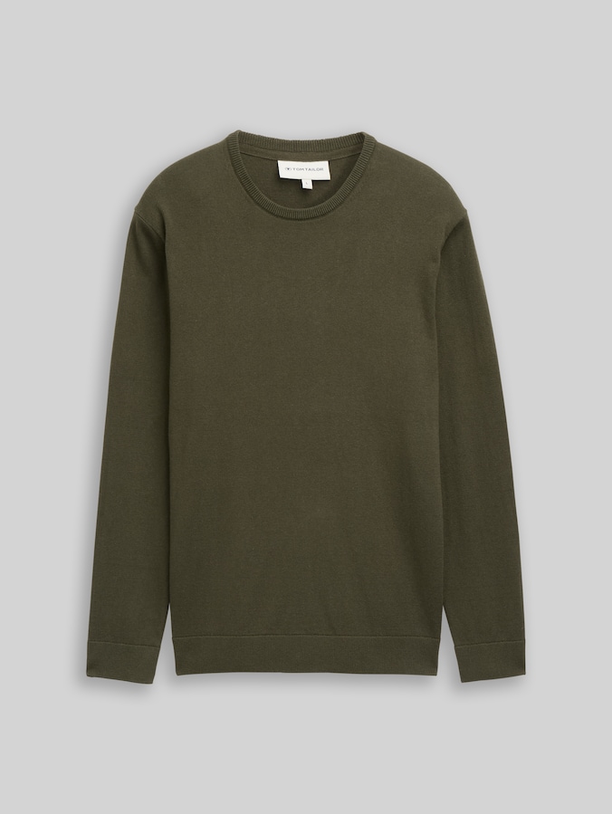 Basic knitted jumper in cotton by Men, Deep Forest Green