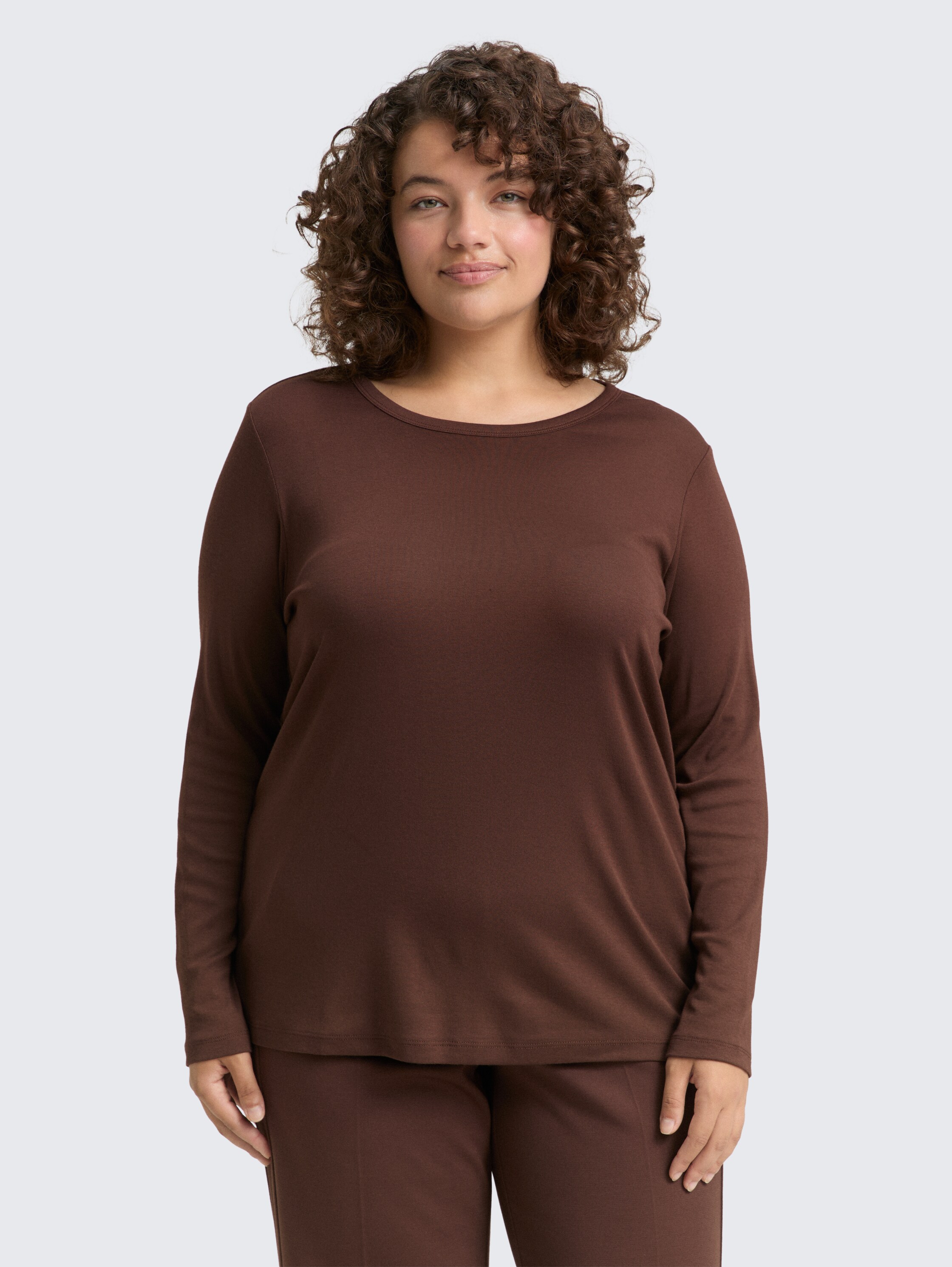 Plus Size - Basic Slim Fit Langarmshirt - dark_pecan_brown - 
