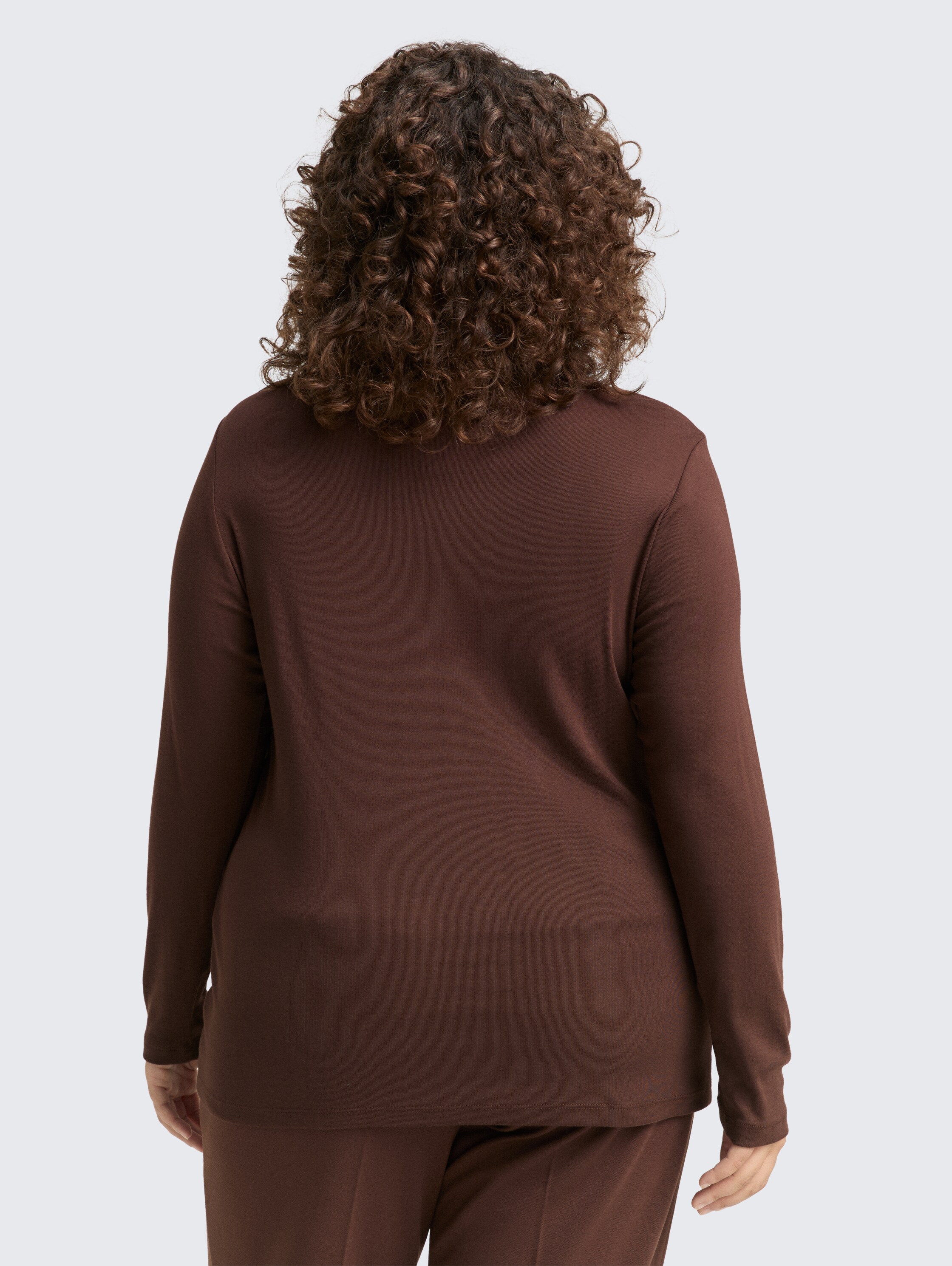 Plus Size - Basic Slim Fit Langarmshirt - dark_pecan_brown - 