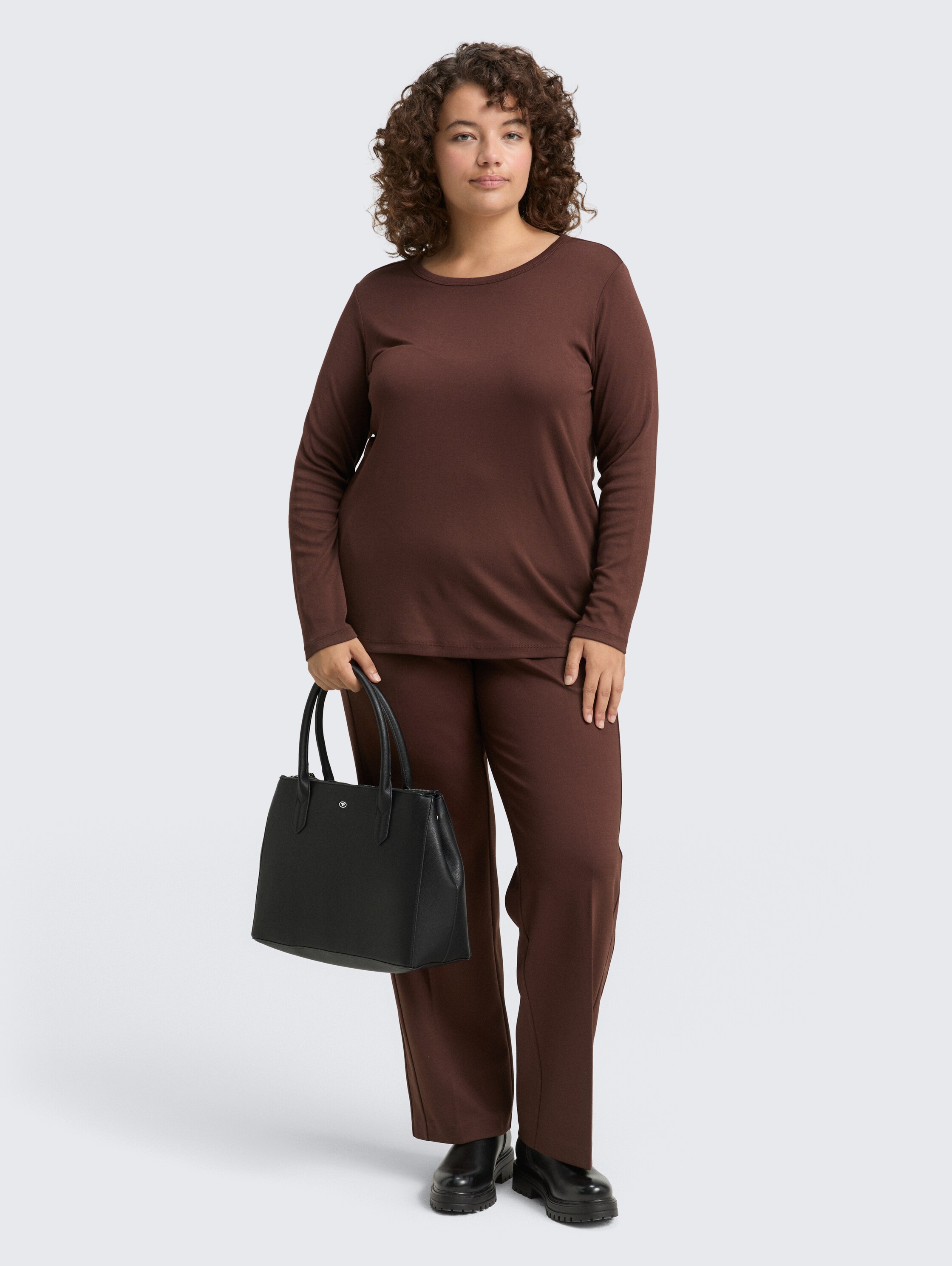 Plus Size - Basic Slim Fit Langarmshirt - dark_pecan_brown - 
