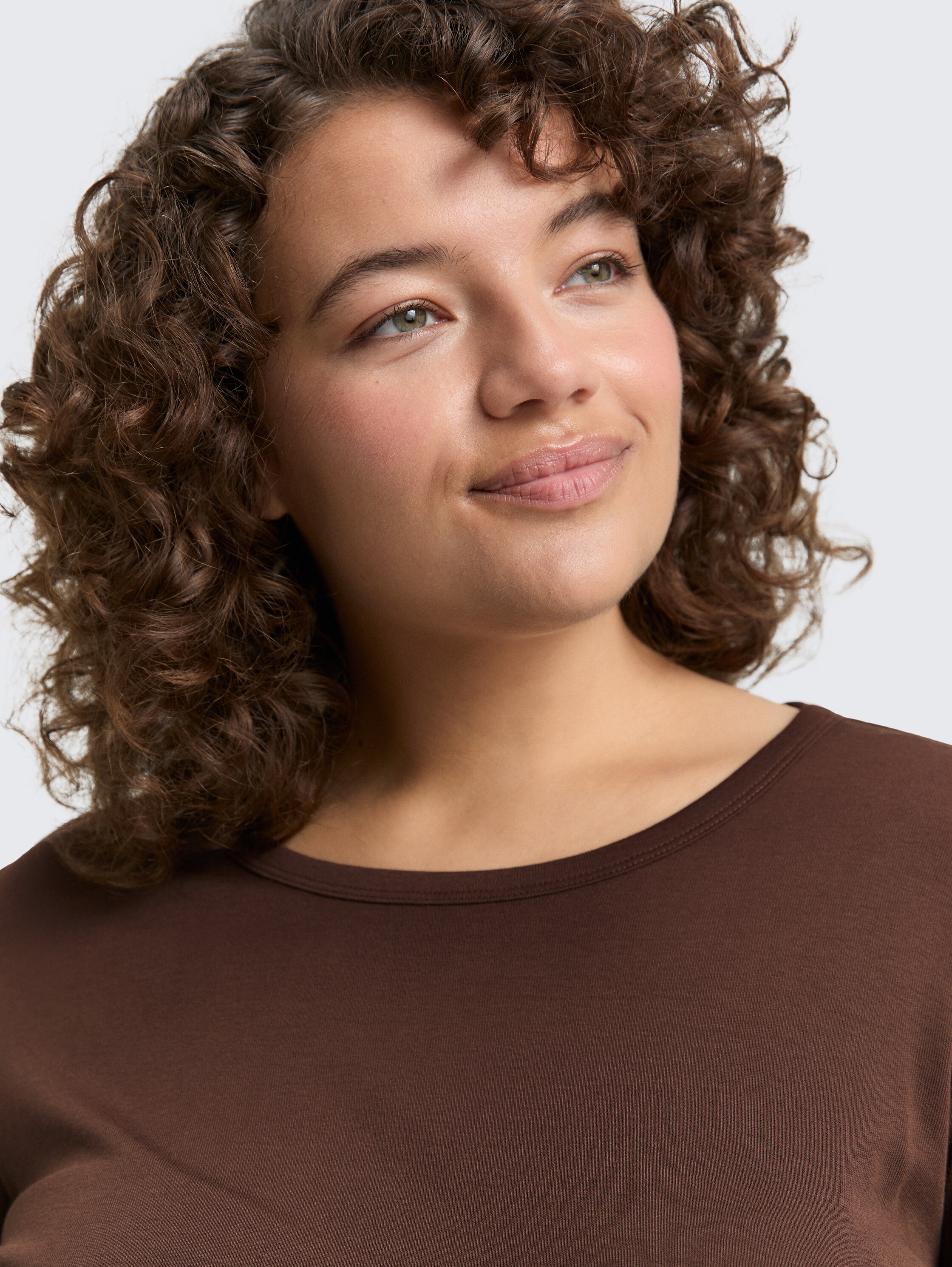 Plus Size - Basic Slim Fit Langarmshirt - dark_pecan_brown - 