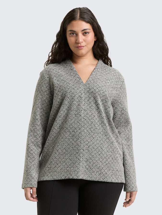 Plus Size - Sweatshirt with V-neck by Women Plus Size, black white argyle structure