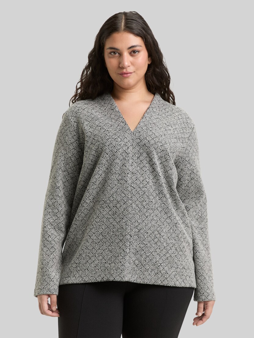 Plus Size - Sweatshirt met V-hals door Women Plus Size, black white argyle structure