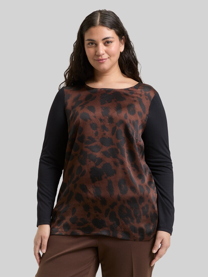 Plus Size - Loose fit shirt met lange mouwen en luipaardprint door Women Plus Size, brown black big leo print